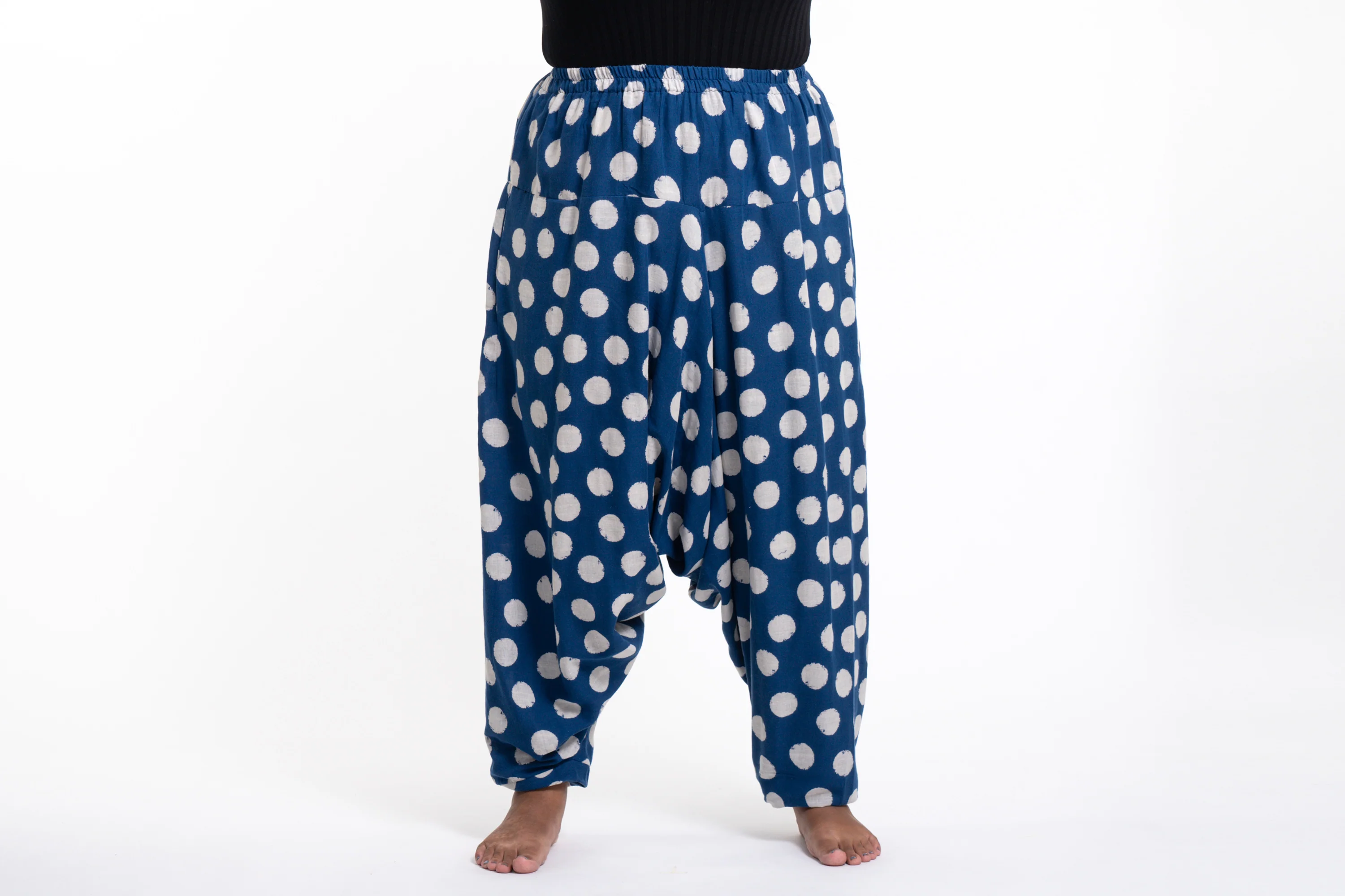 Plus Size Polkadot Prints Women's Low Cut Cotton Harem Pants in Indigo