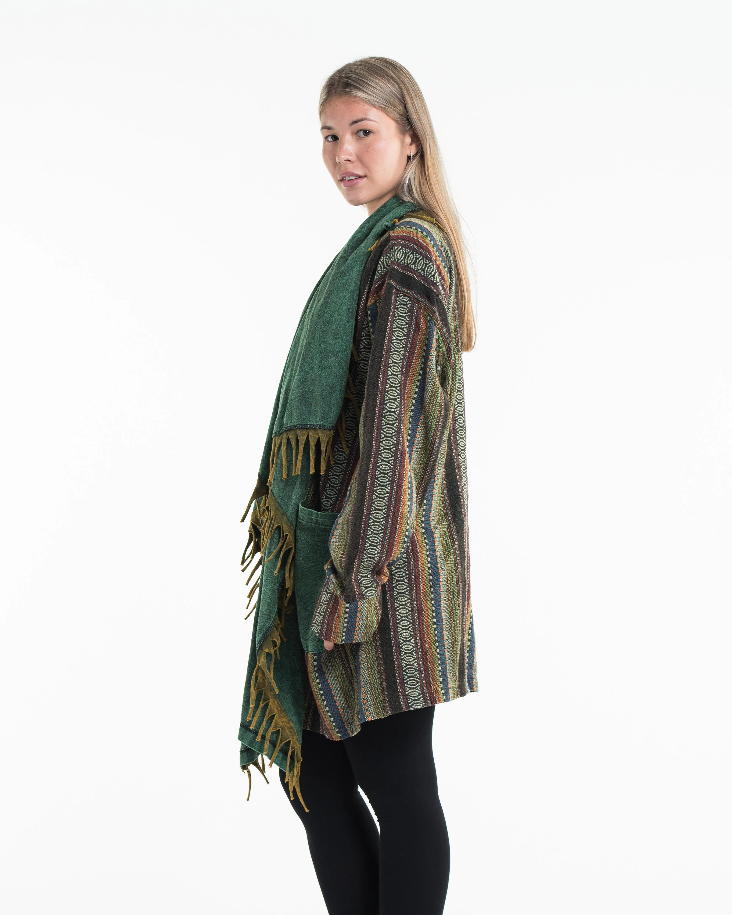 Tribal Cloak Jacket | Stonewash Drape in Green