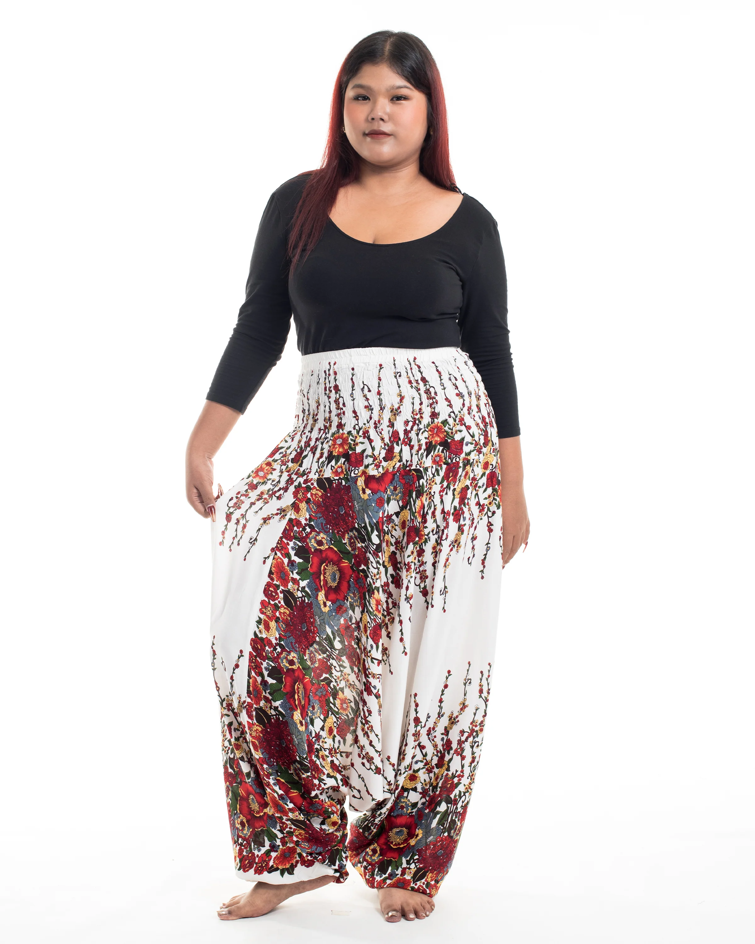 Plus Size Floral 2-in-1 Jumpsuit Harem Pants in White