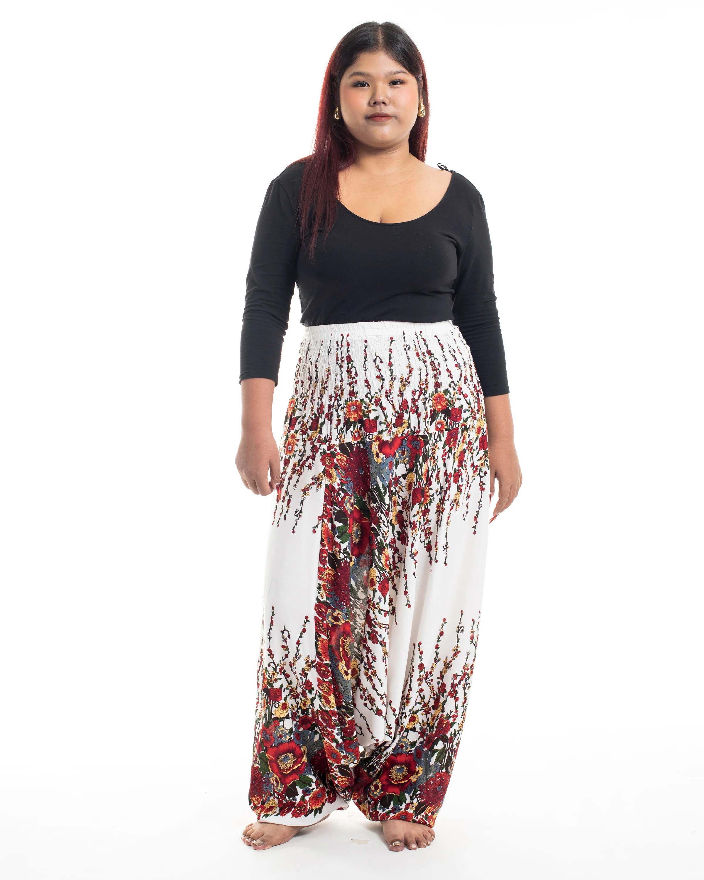 2902-Plus-Size-Floral-2-in-1-Jumpsuit-Harem-Pants-in-White-5.webp Plus Size Floral 2-in-1 Jumpsuit Harem Pants in White