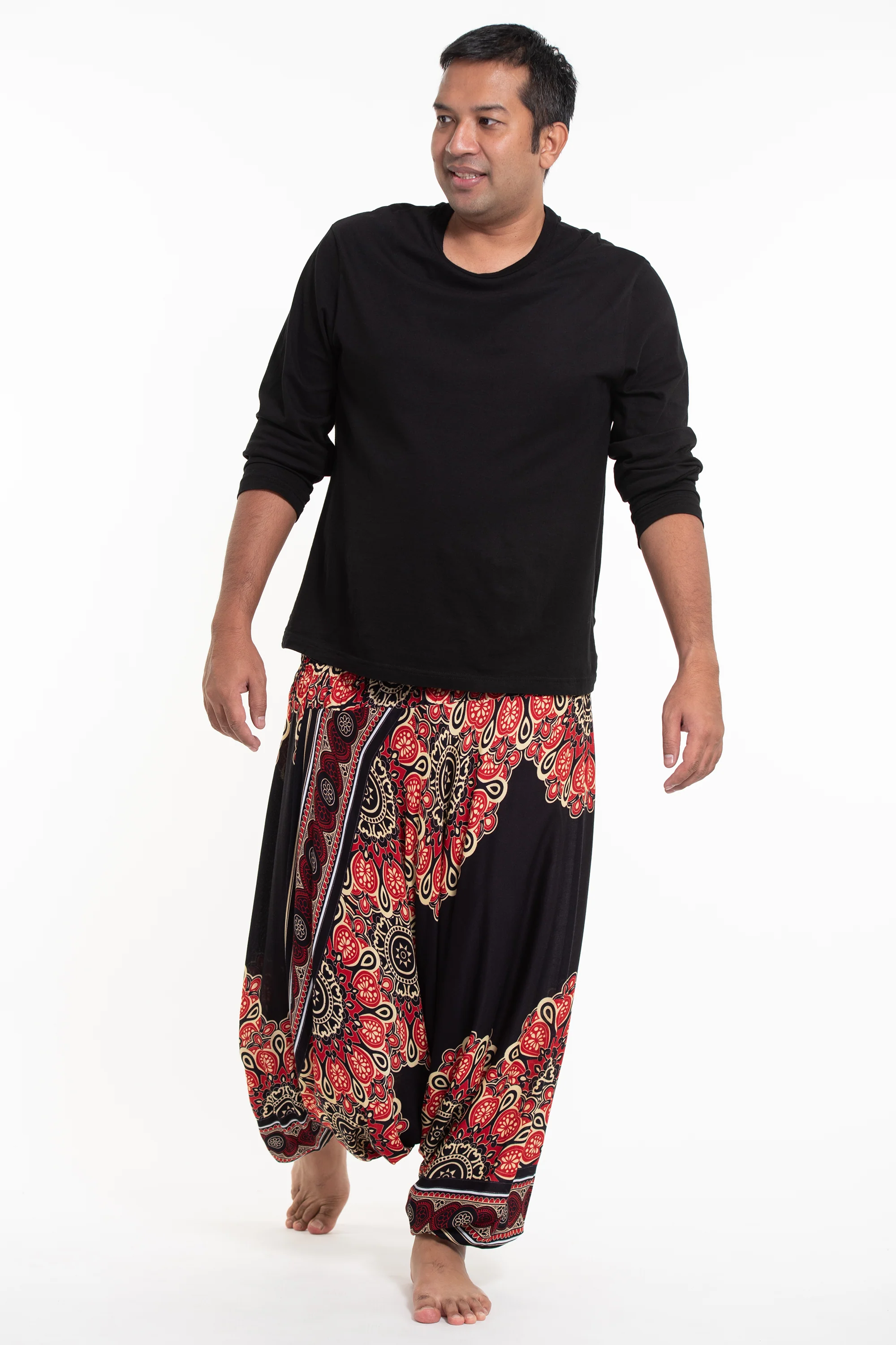 Plus Size Peony Mandalas Drop Crotch Men's Harem Pants in Black
