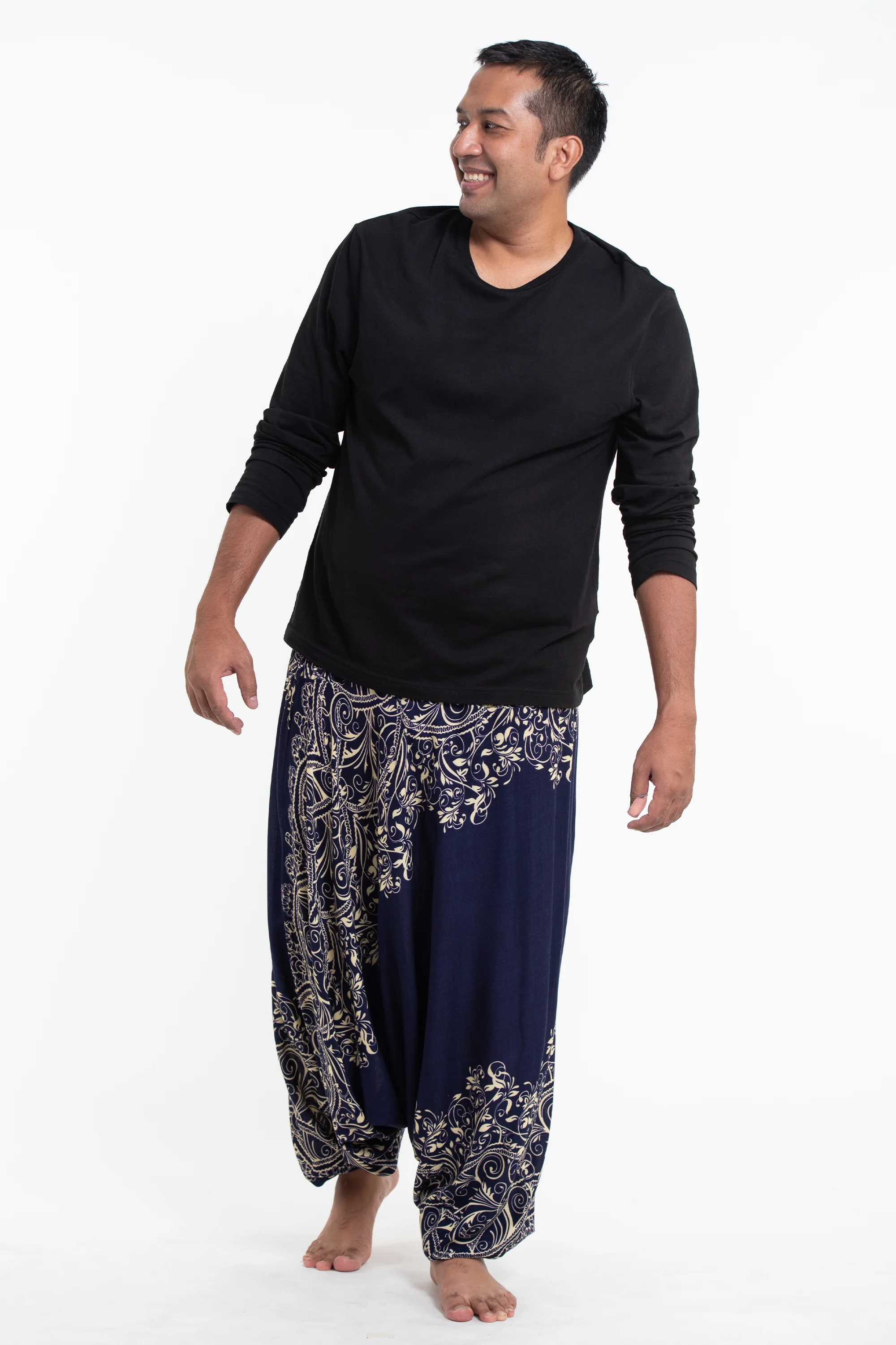 Plus Size Vines Drop Crotch Men's Harem Pants in Blue