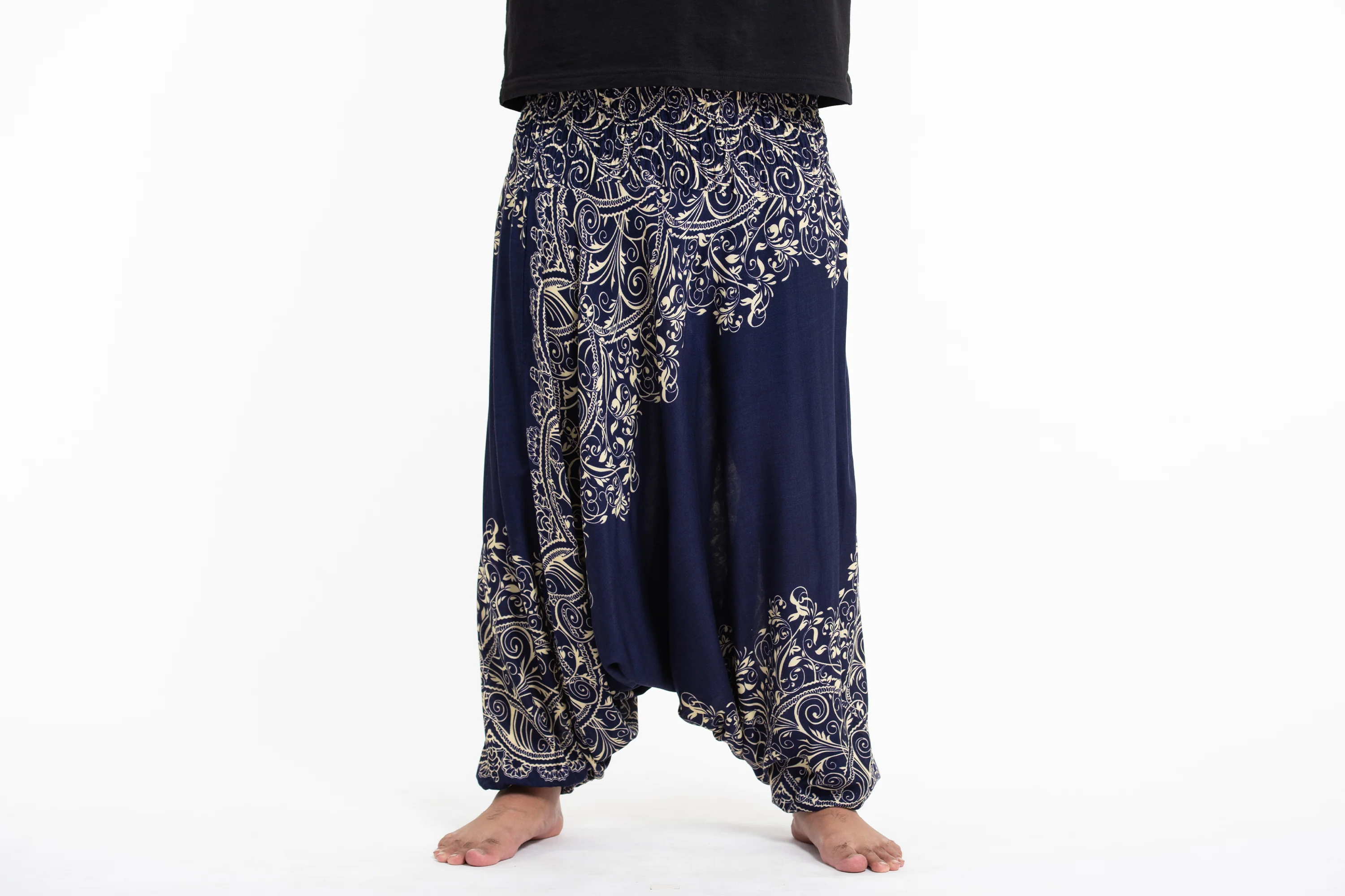Plus Size Vines Drop Crotch Men's Harem Pants in Blue