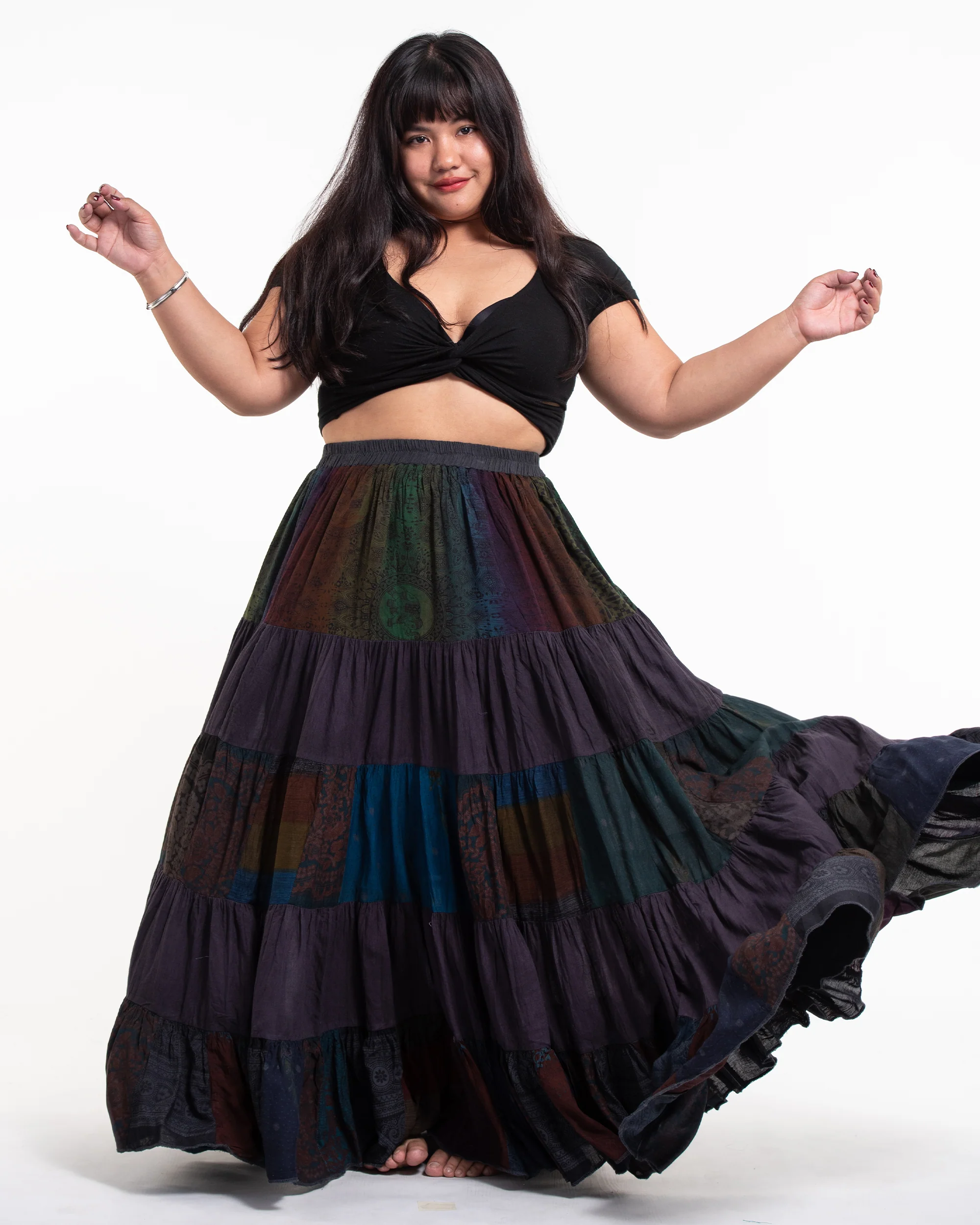 Plus Size Patchwork Long Skirt in Purple Brown