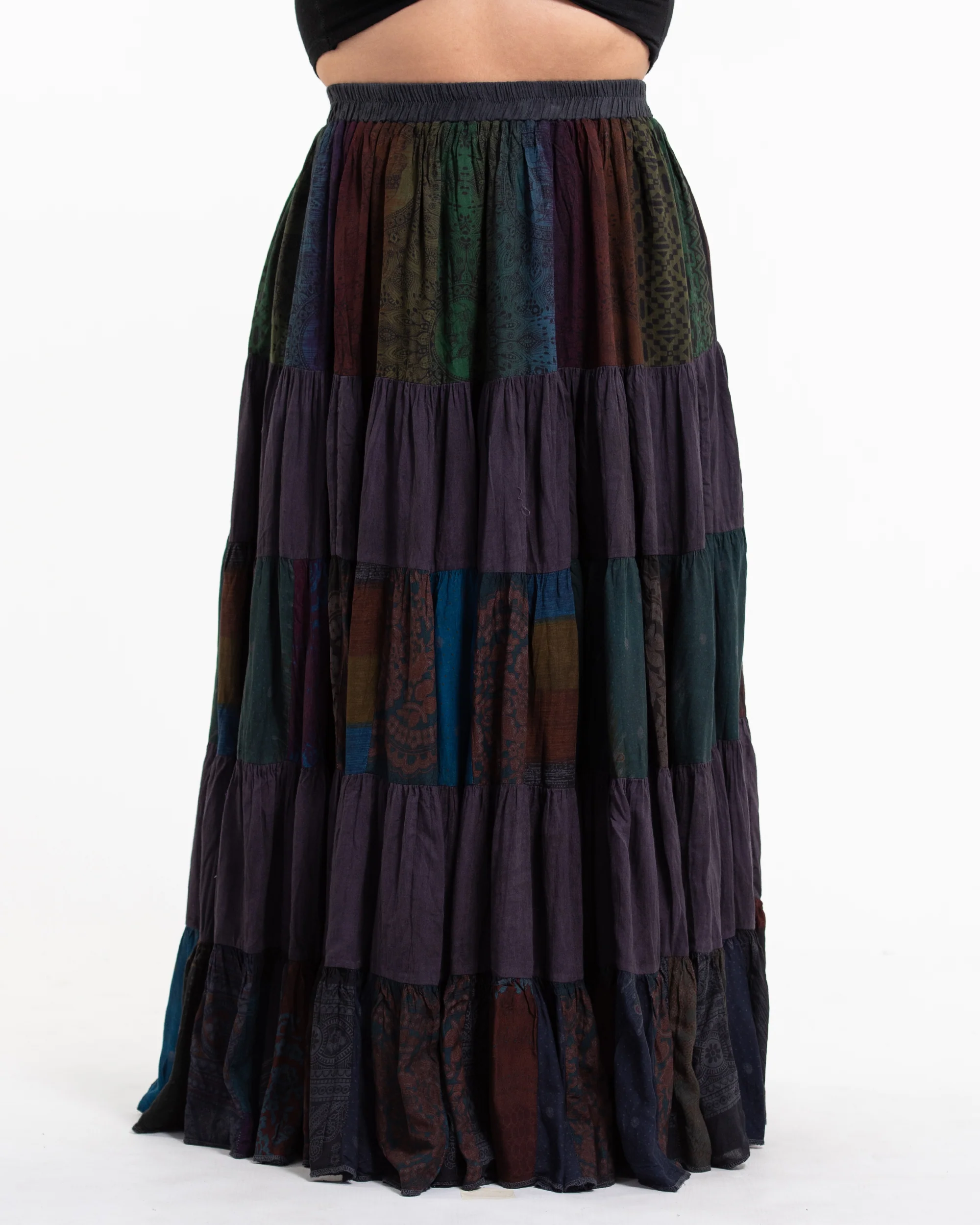 Plus Size Patchwork Long Skirt in Purple Brown