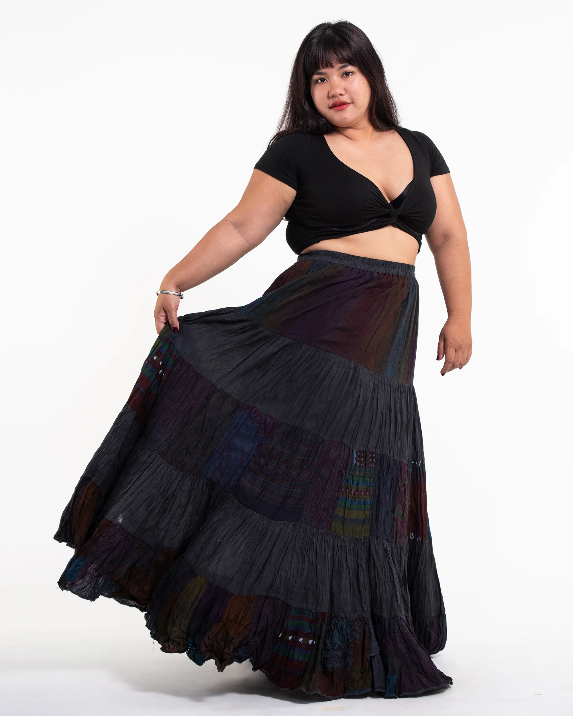 Plus Size Patchwork Long Skirt in Shadow Black