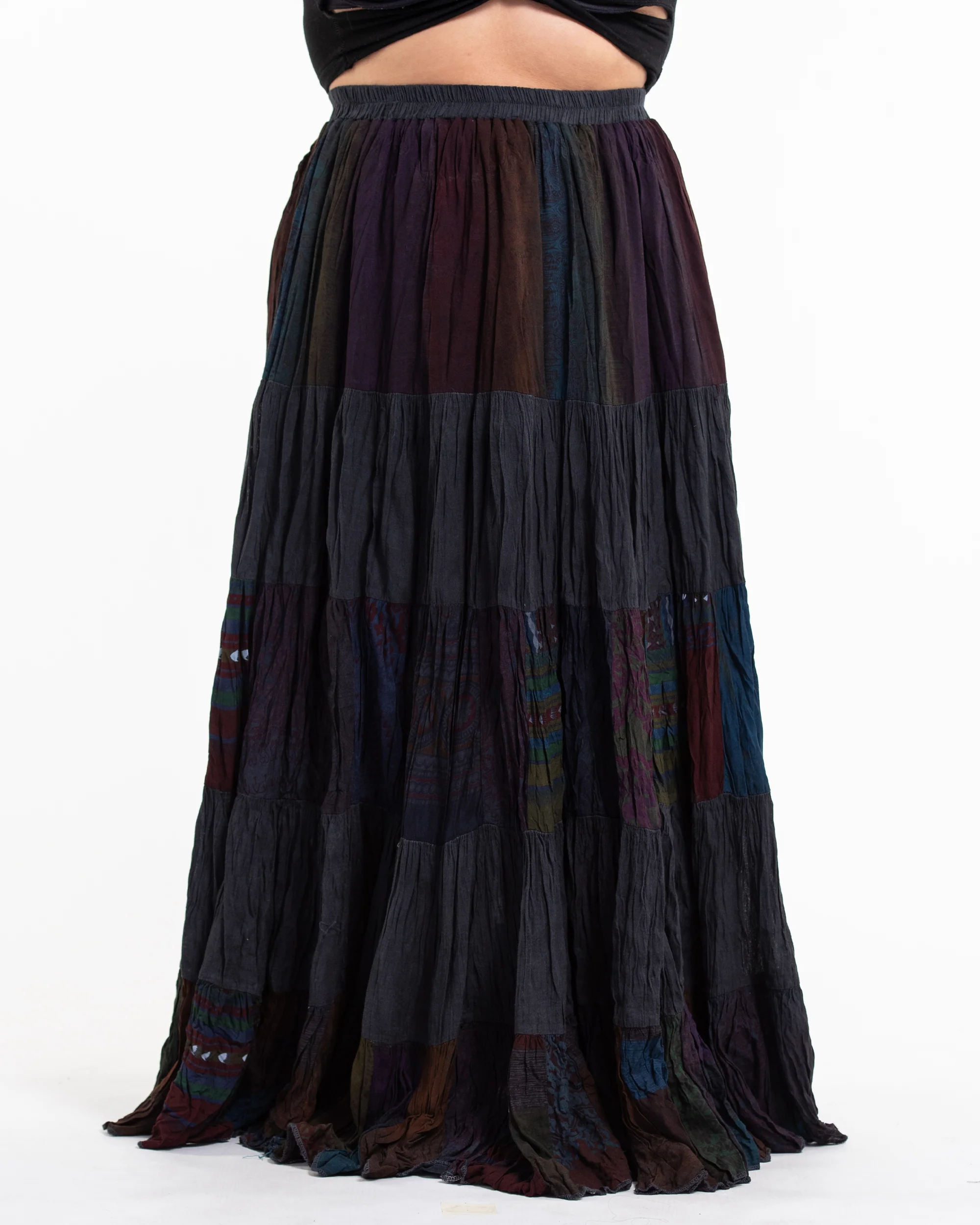 Plus Size Patchwork Long Skirt in Shadow Black