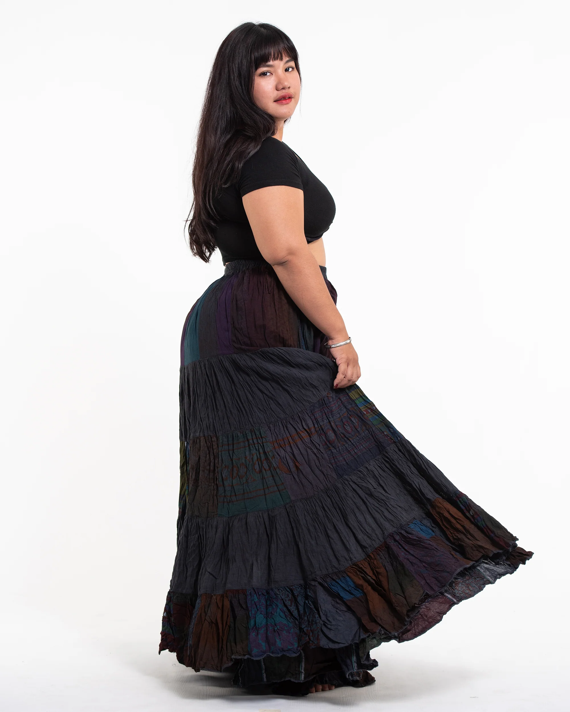 2921-Plus-Size-Patchwork-Long-Skirt-in-Shadow-Black-3.webp Plus Size Patchwork Long Skirt in Shadow Black