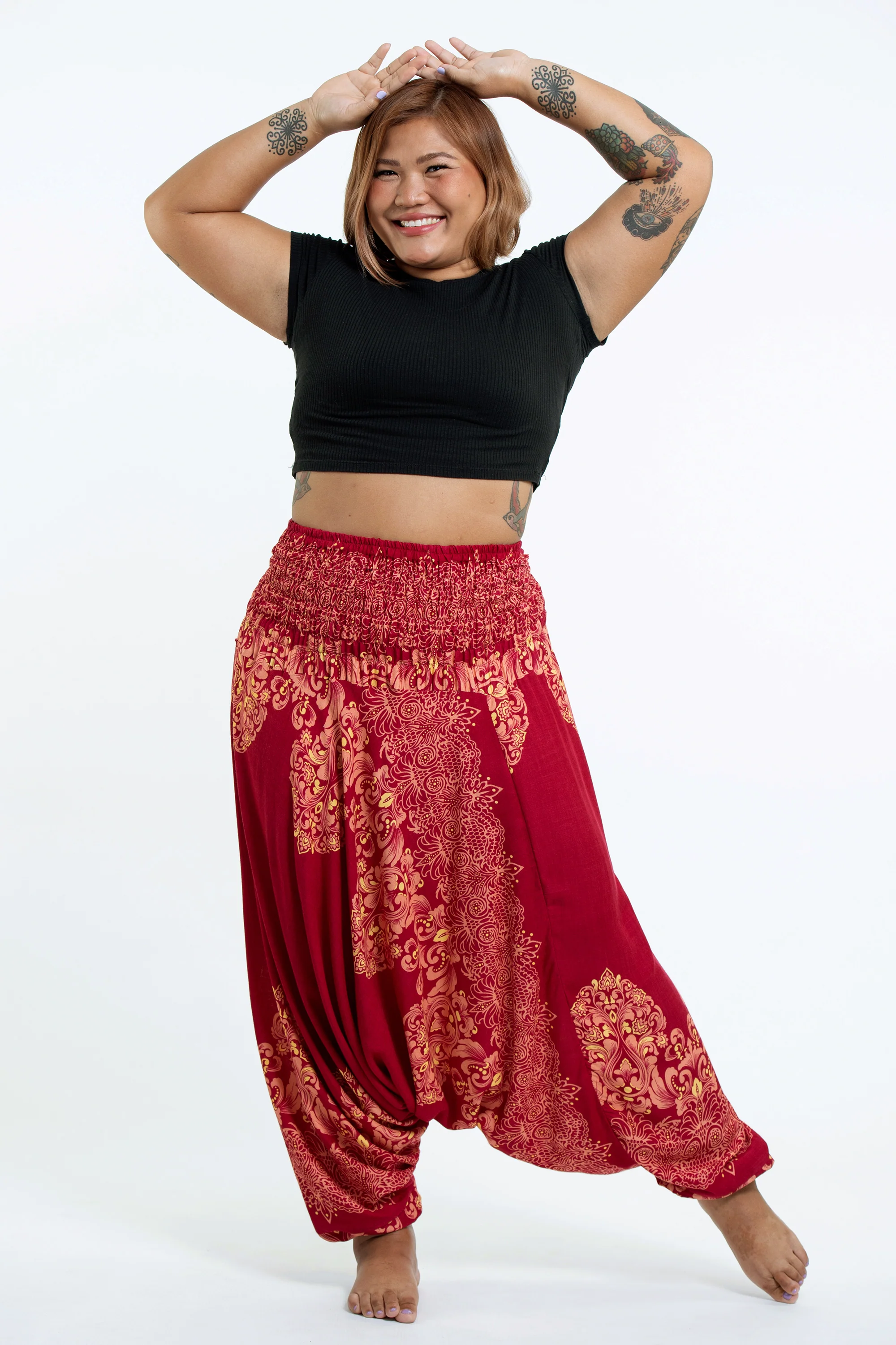 Plus Size Floral Vines 2-in-1 Jumpsuit Harem Pants in Red