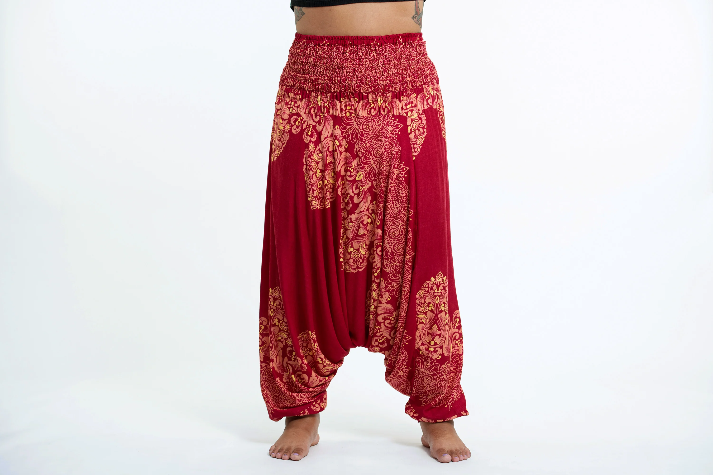 Plus Size Floral Vines 2-in-1 Jumpsuit Harem Pants in Red