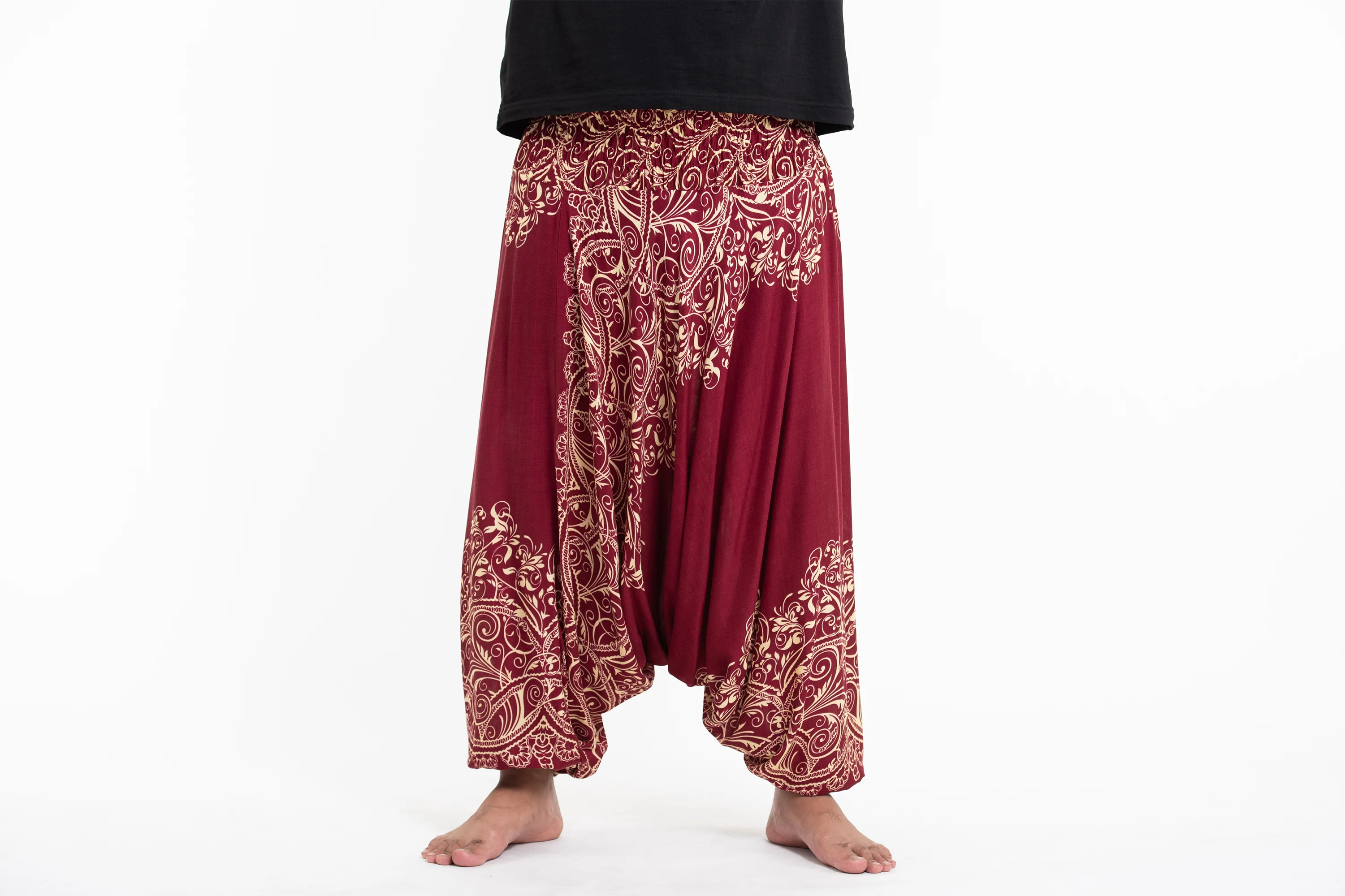 Plus Size Vines Drop Crotch Men's Harem Pants in Red