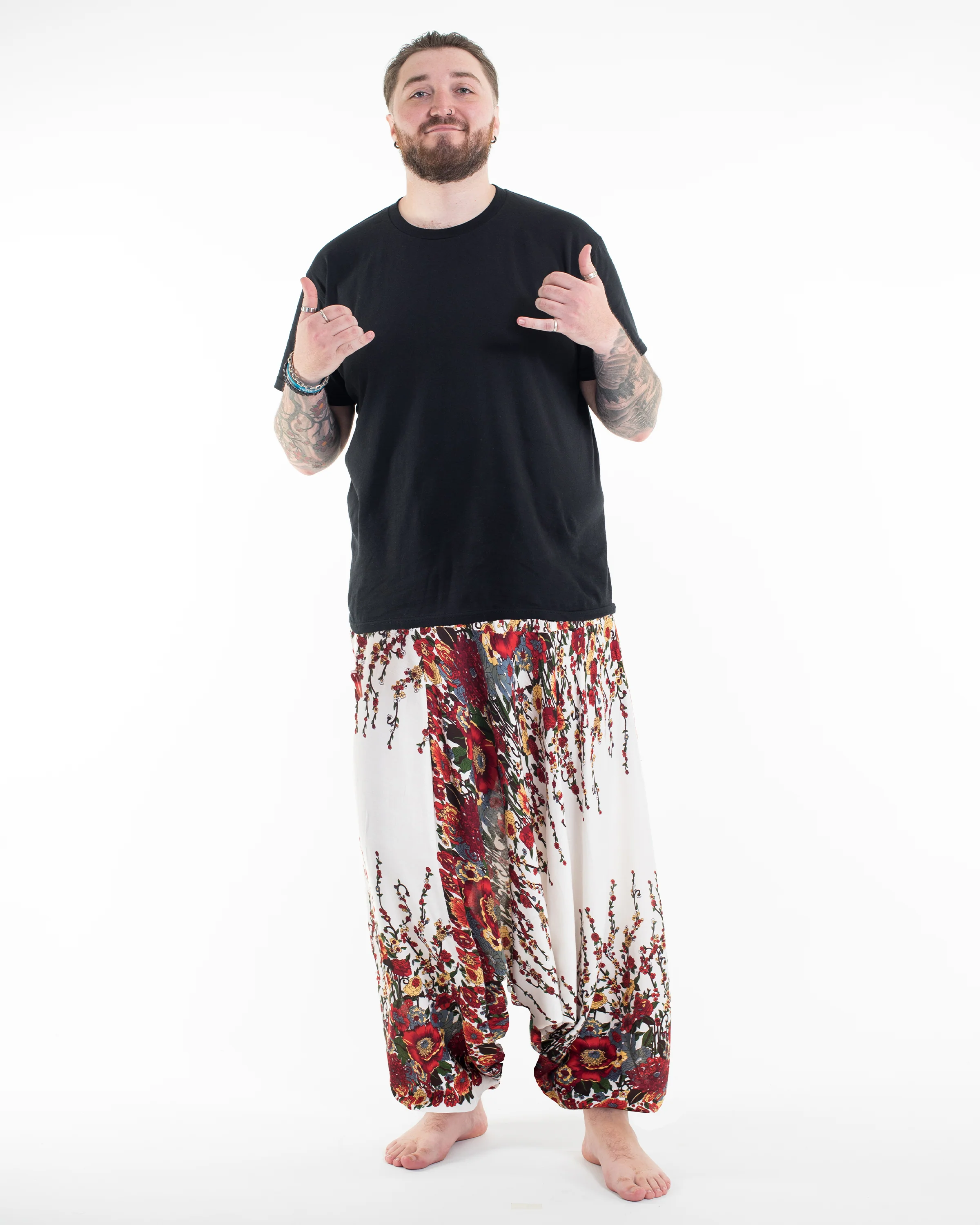 Plus Size Floral Drop Crotch Men's Harem Pants in White