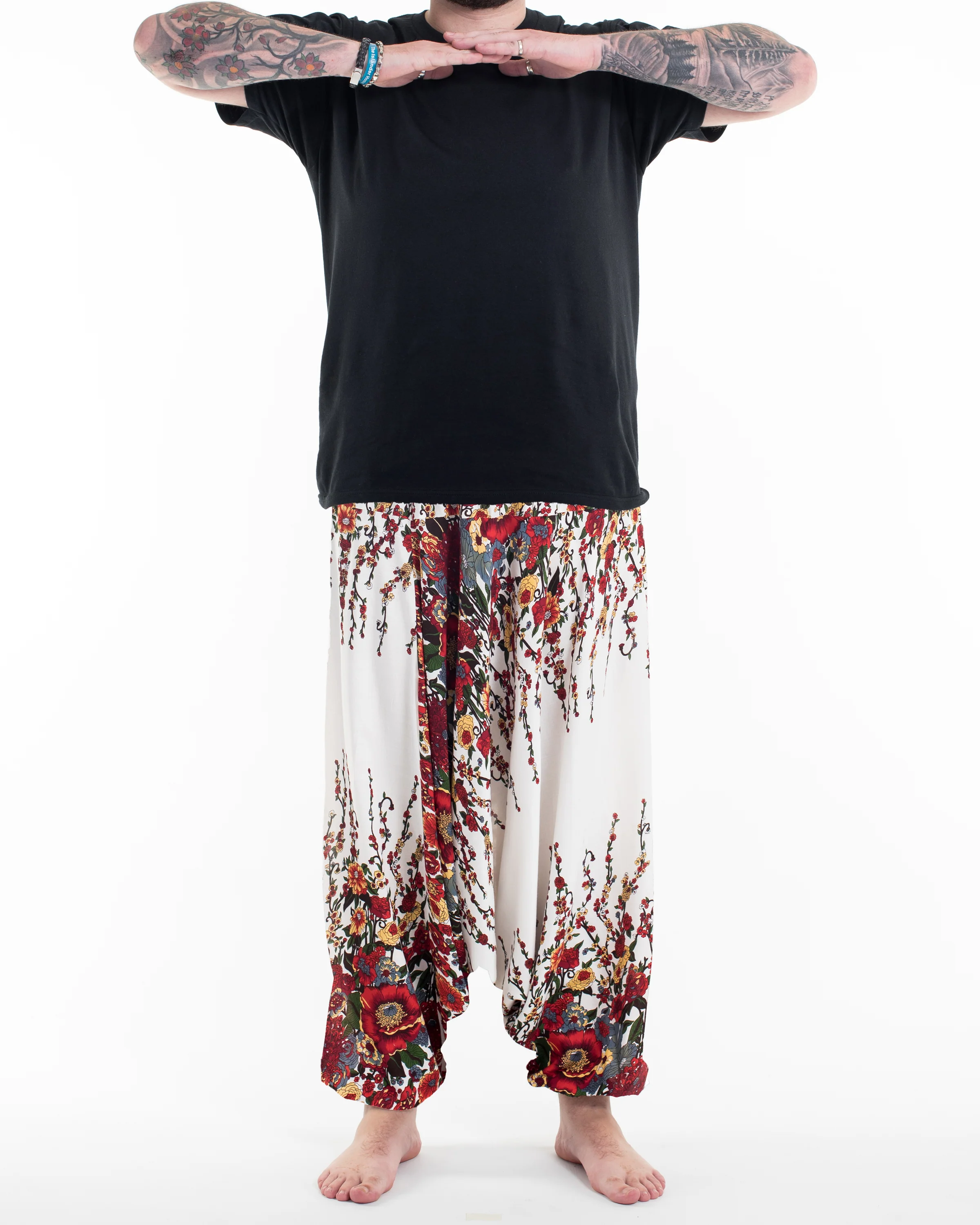 Plus Size Floral Drop Crotch Men's Harem Pants in White
