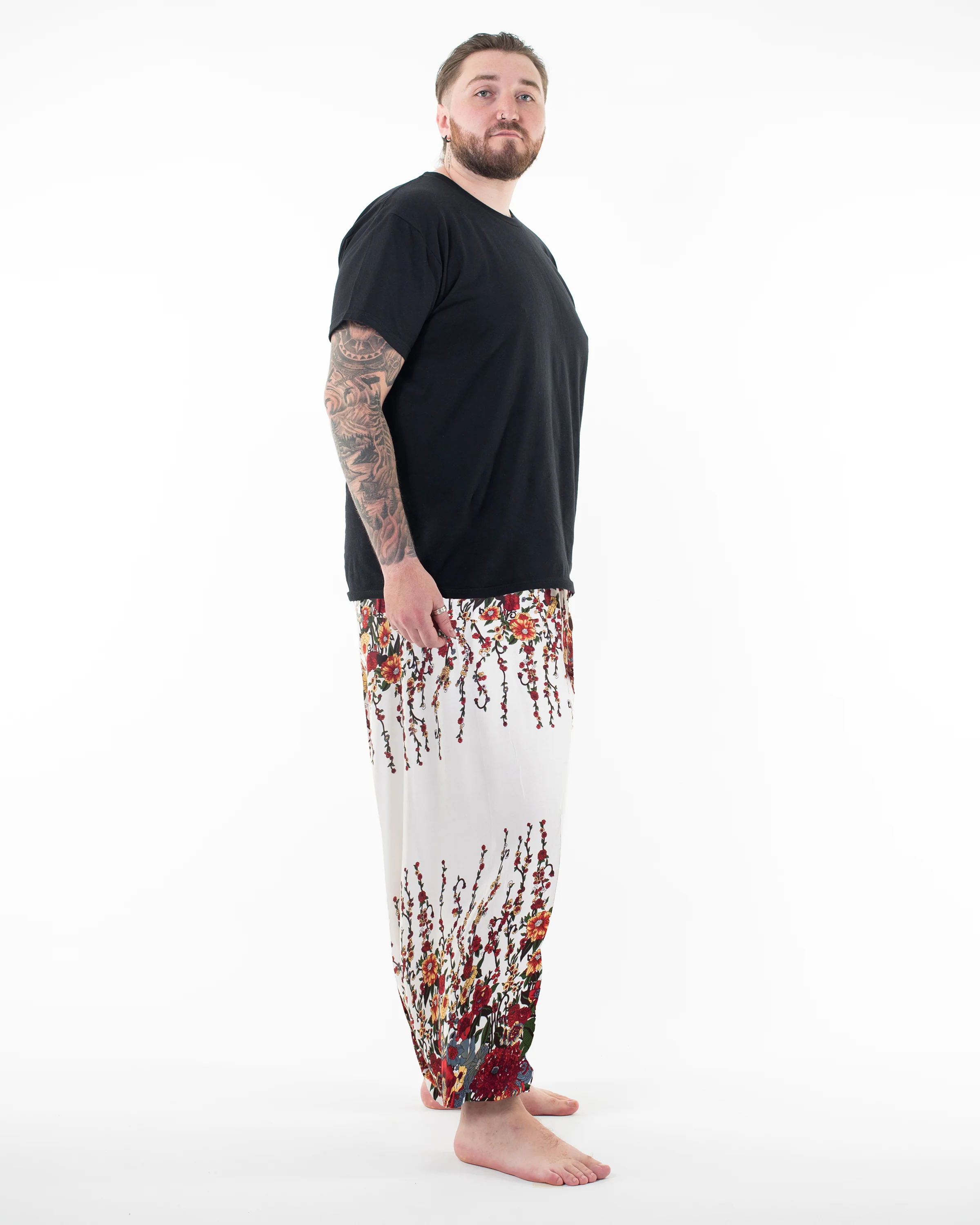 2925-Plus-Size-Floral-Drop-Crotch-Men-s-Harem-Pants-in-White-3.webp Plus Size Floral Drop Crotch Men's Harem Pants in White