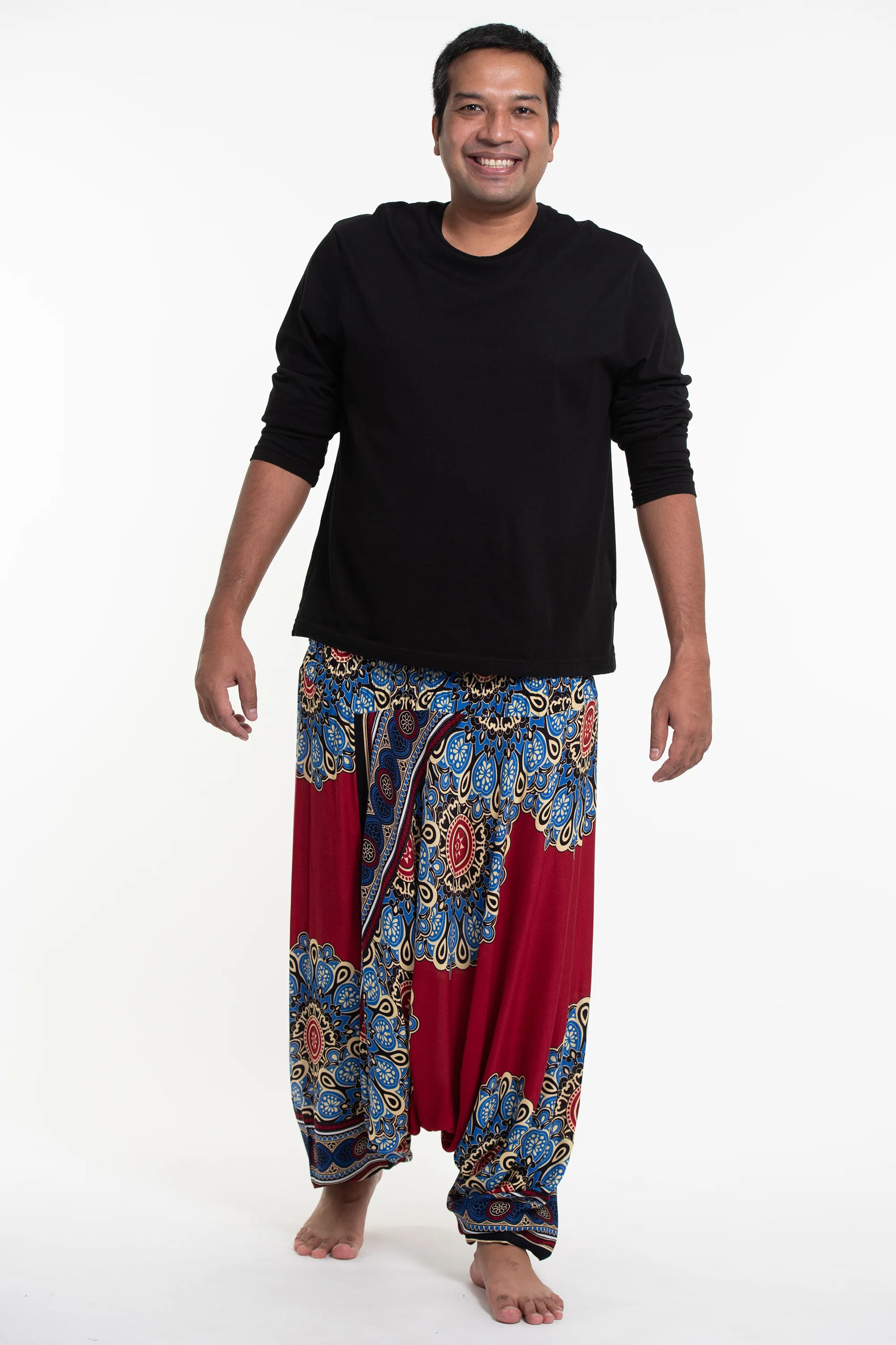 Plus Size Peony Mandalas Drop Crotch Men's Harem Pants in Red