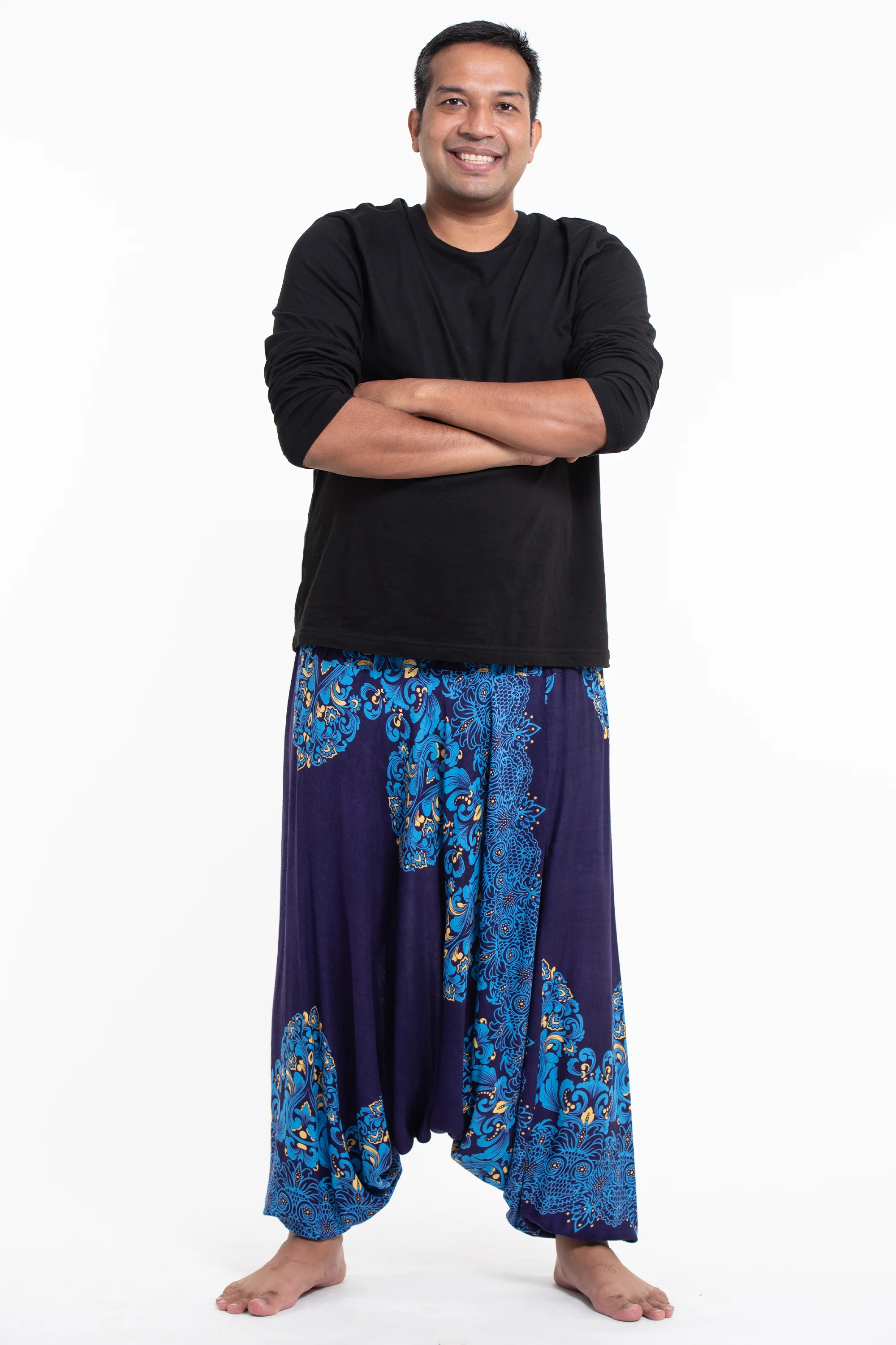 Plus Size Floral Vines Drop Crotch Men's Harem Pants in Blue