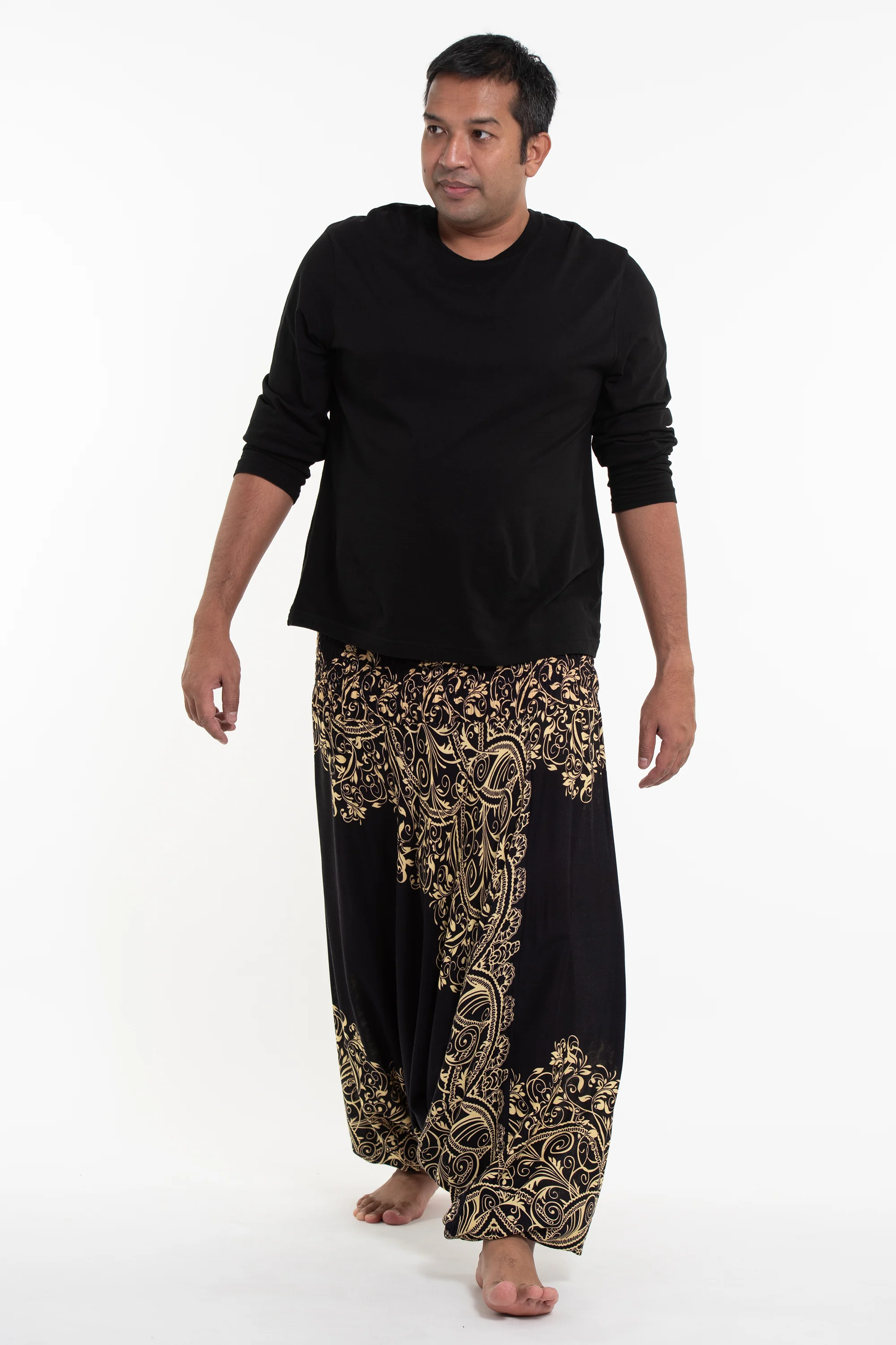 Plus Size Vines Drop Crotch Men's Harem Pants in Black