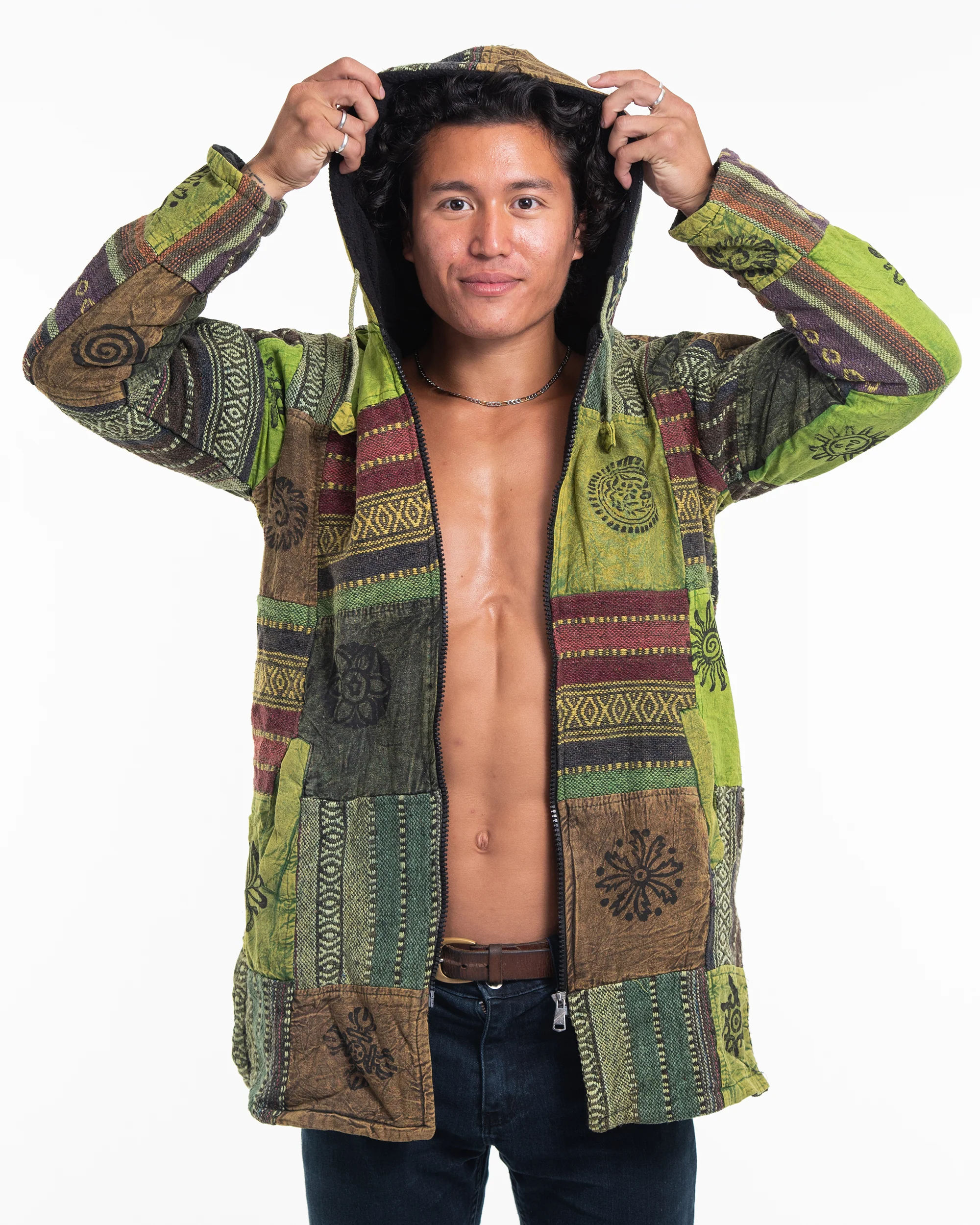 Patchwork Stone Washed Cotton Jacket in Green 02