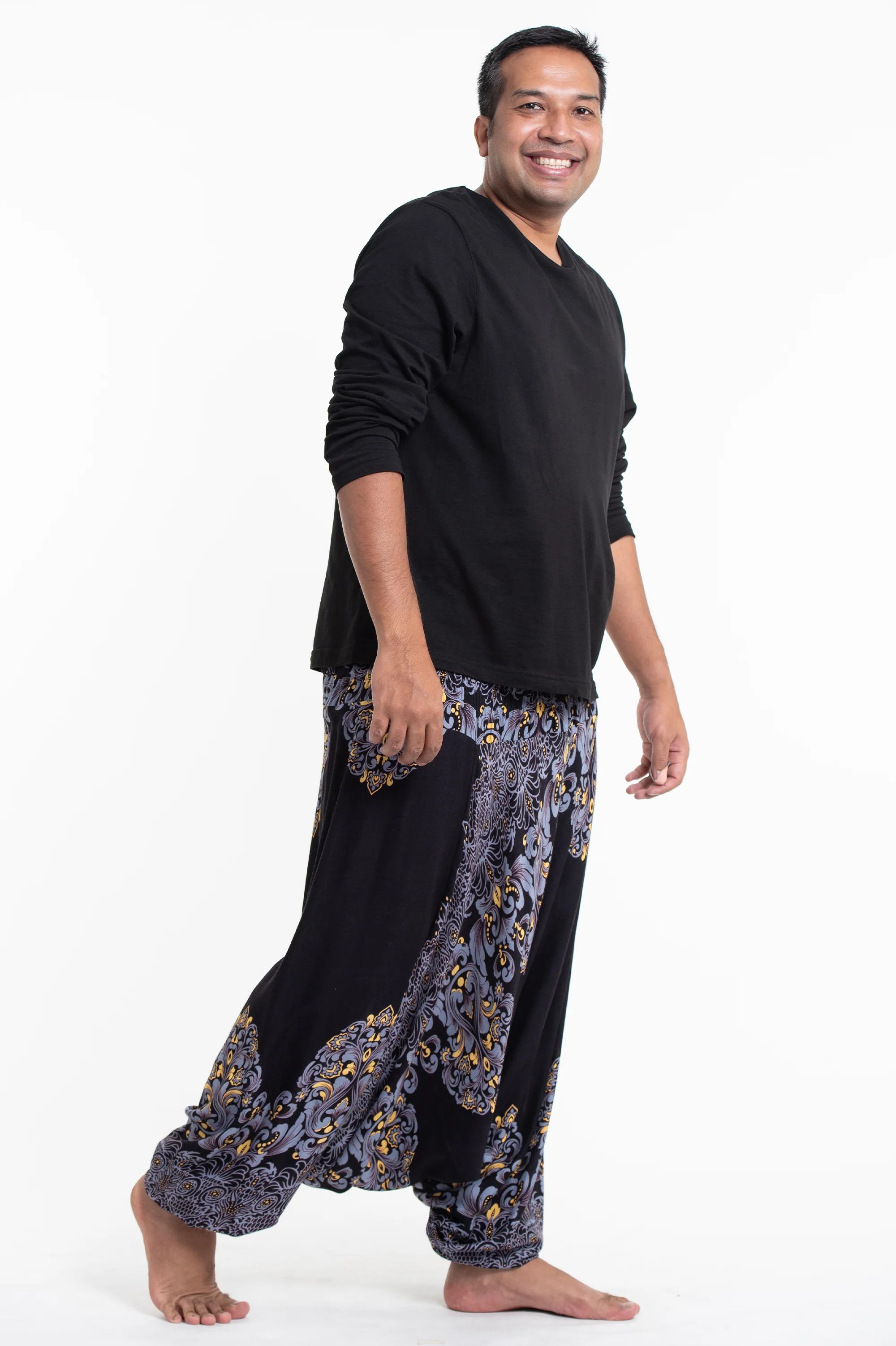 Plus Size Floral Vines Drop Crotch Men's Harem Pants in Black