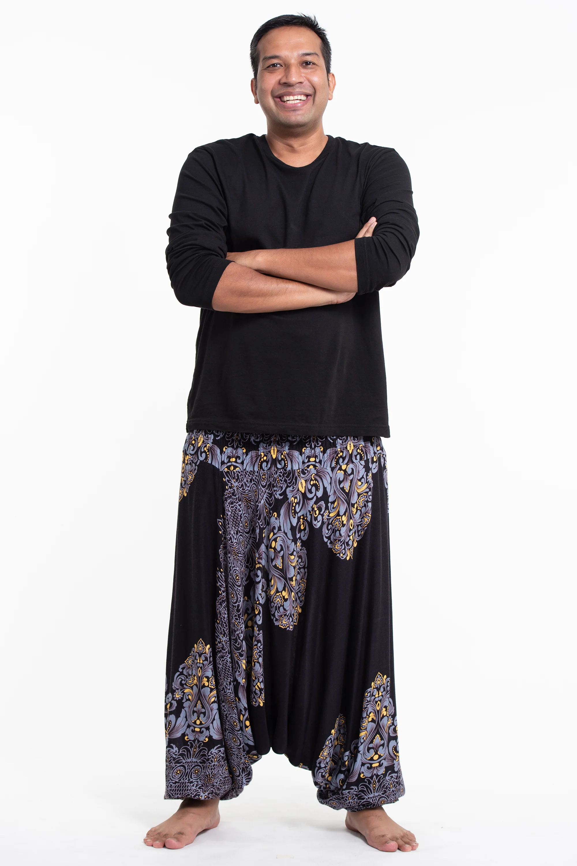 2951-Plus-Size-Floral-Vines-Drop-Crotch-Men-s-Harem-Pants-in-Black-3.webp Plus Size Floral Vines Drop Crotch Men's Harem Pants in Black