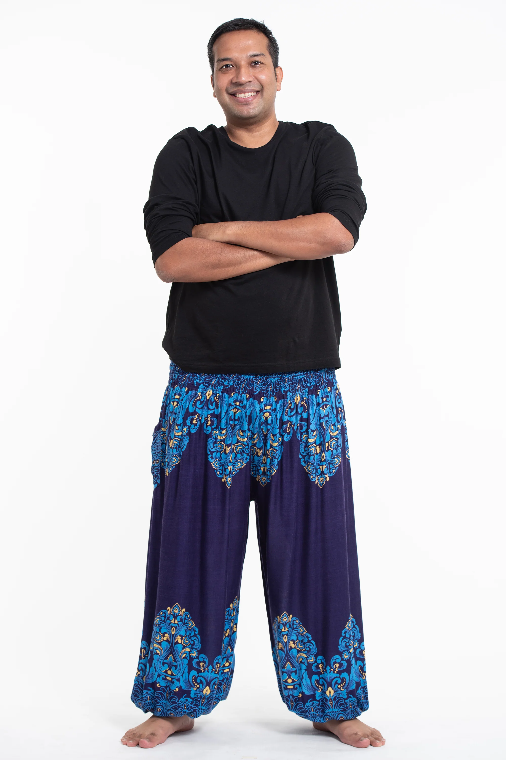 Plus Size Floral Vines Men's Harem Pants in Blue