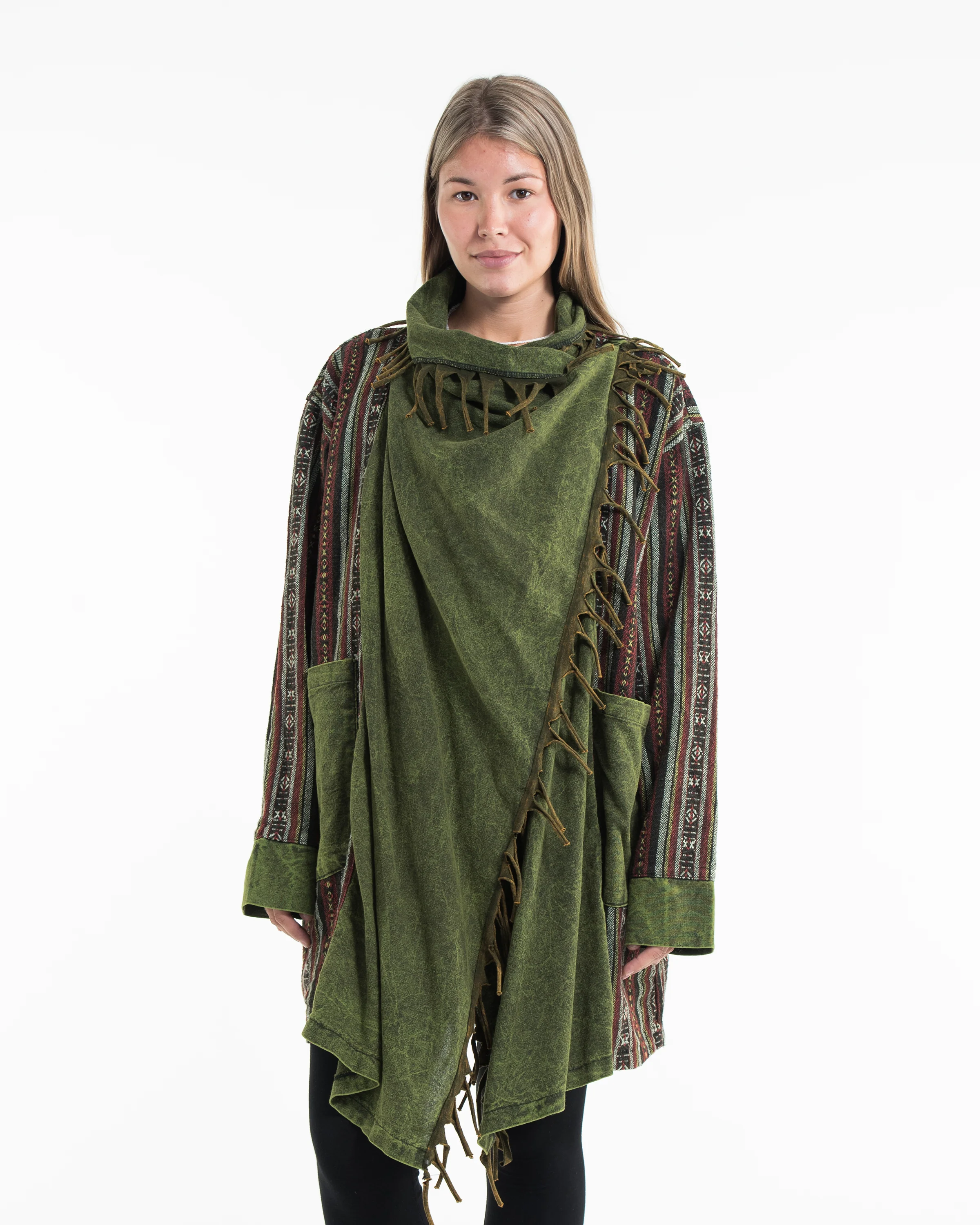 Tribal Cloak Jacket | Stonewash Drape in Olive