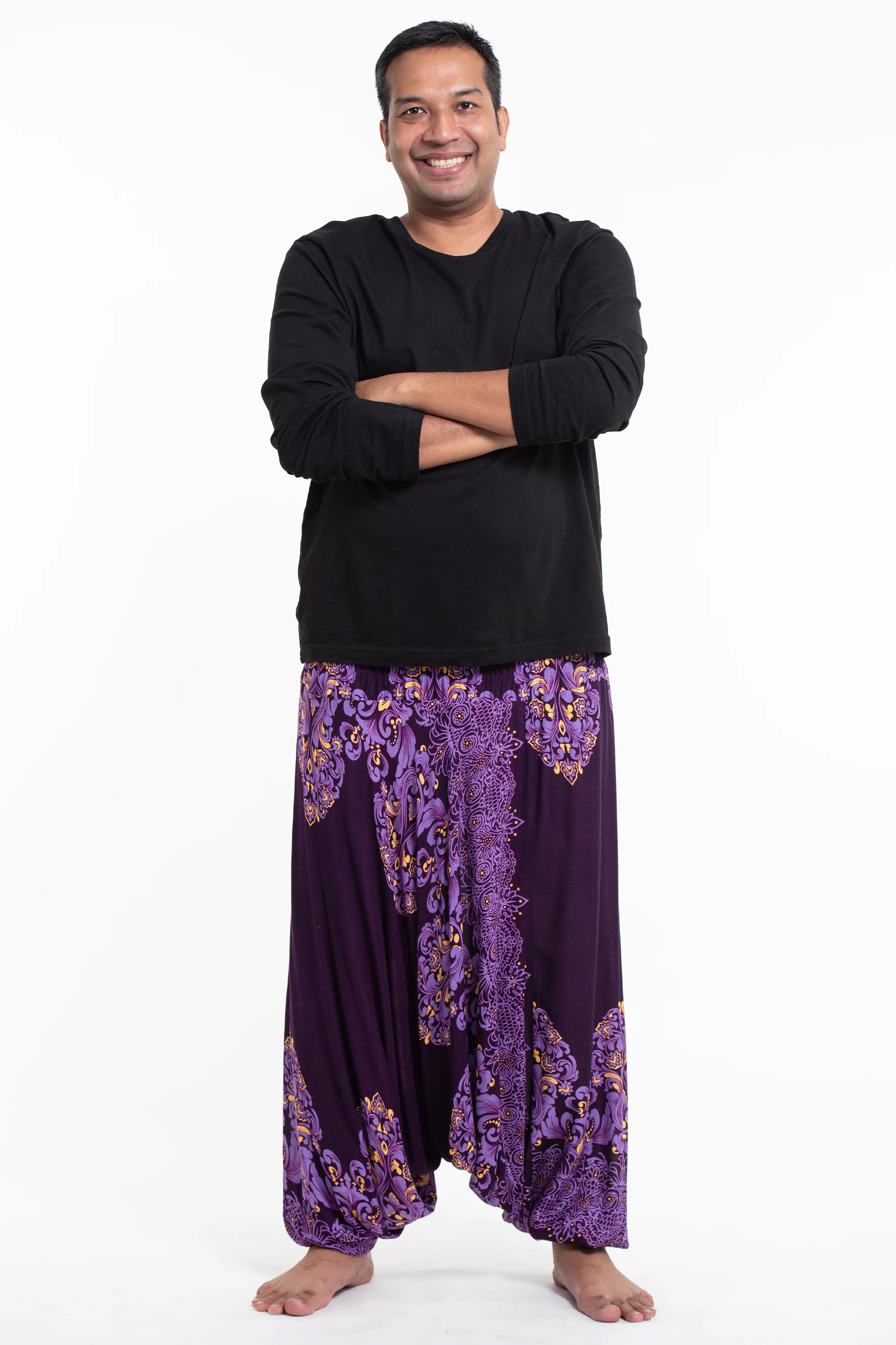 Plus Size Floral Vines Drop Crotch Men's Harem Pants in Purple