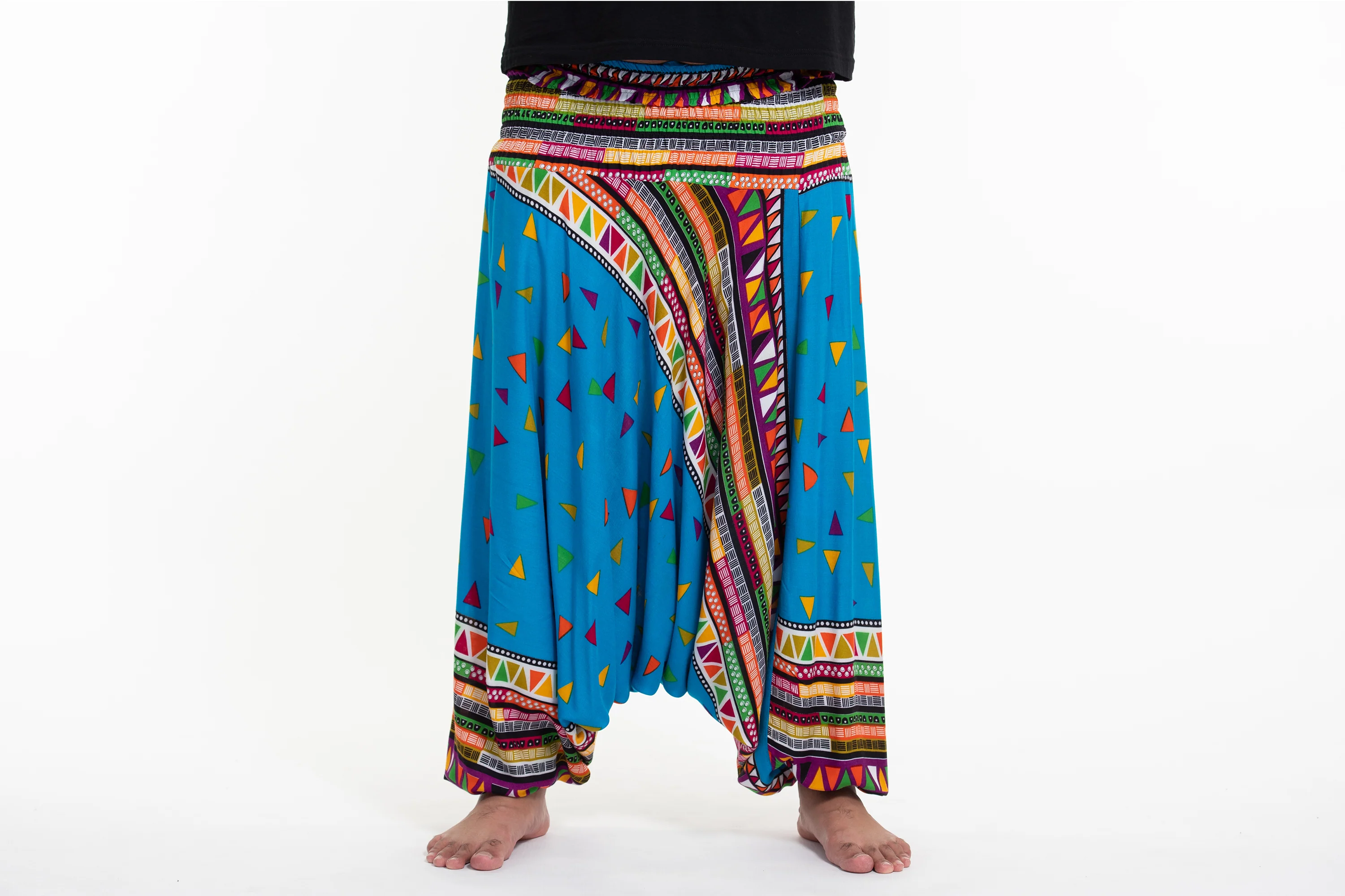 Plus Size Triangles Drop Crotch Men's Harem Pants in Ocean Blue