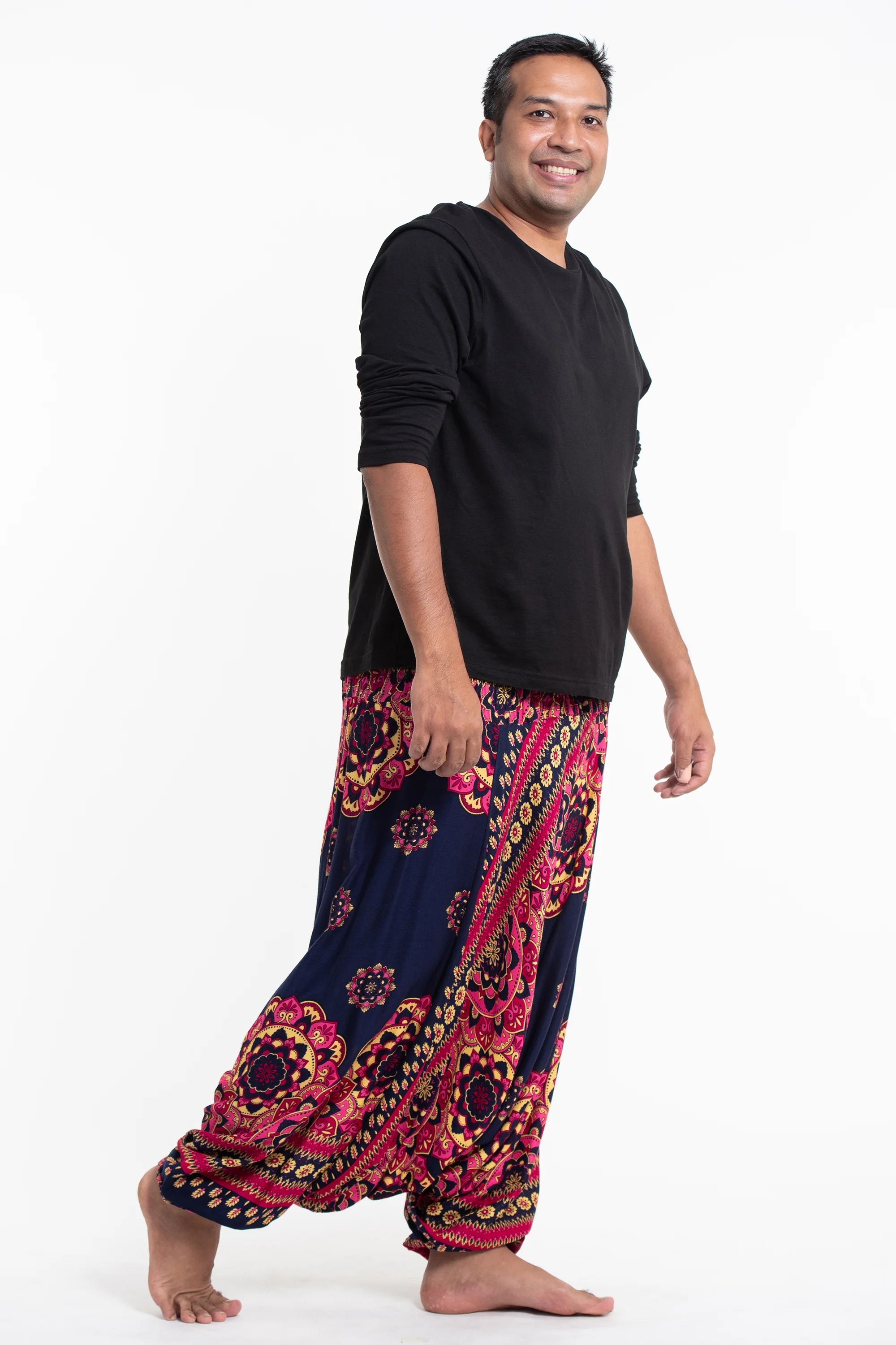 Plus Size Lotus Mandalas Drop Crotch Men's Harem Pants in Navy