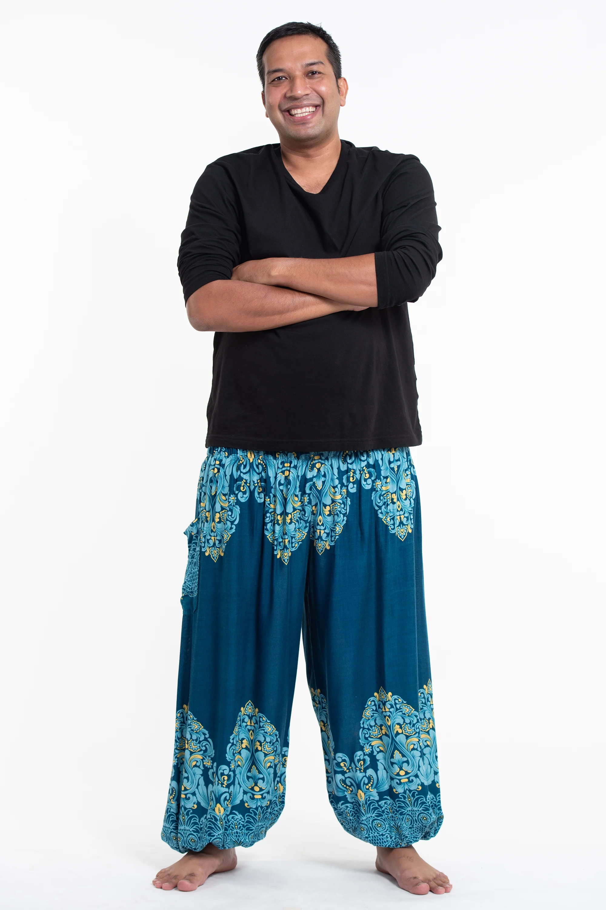 Plus Size Floral Vines Men's Harem Pants in Turquoise