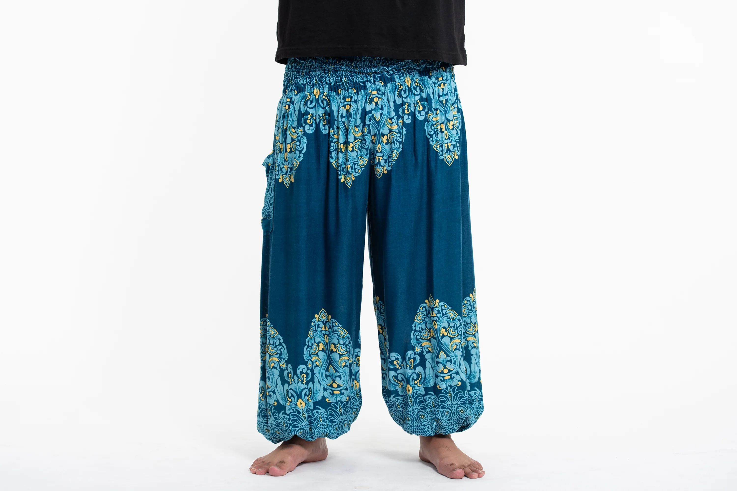 Plus Size Floral Vines Men's Harem Pants in Turquoise