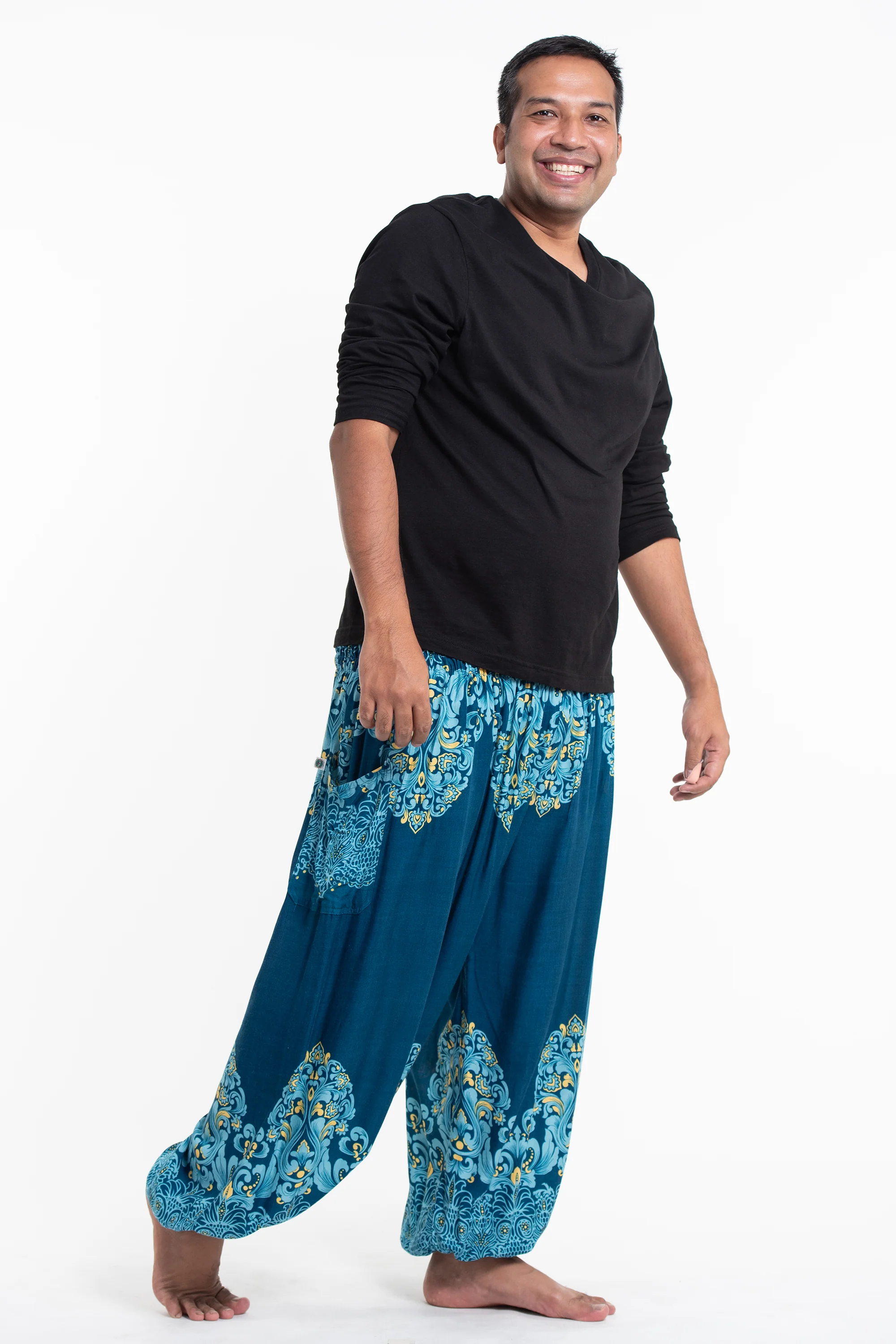 2969-Plus-Size-Floral-Vines-Men-s-Harem-Pants-in-Turquoise-3.webp Plus Size Floral Vines Men's Harem Pants in Turquoise