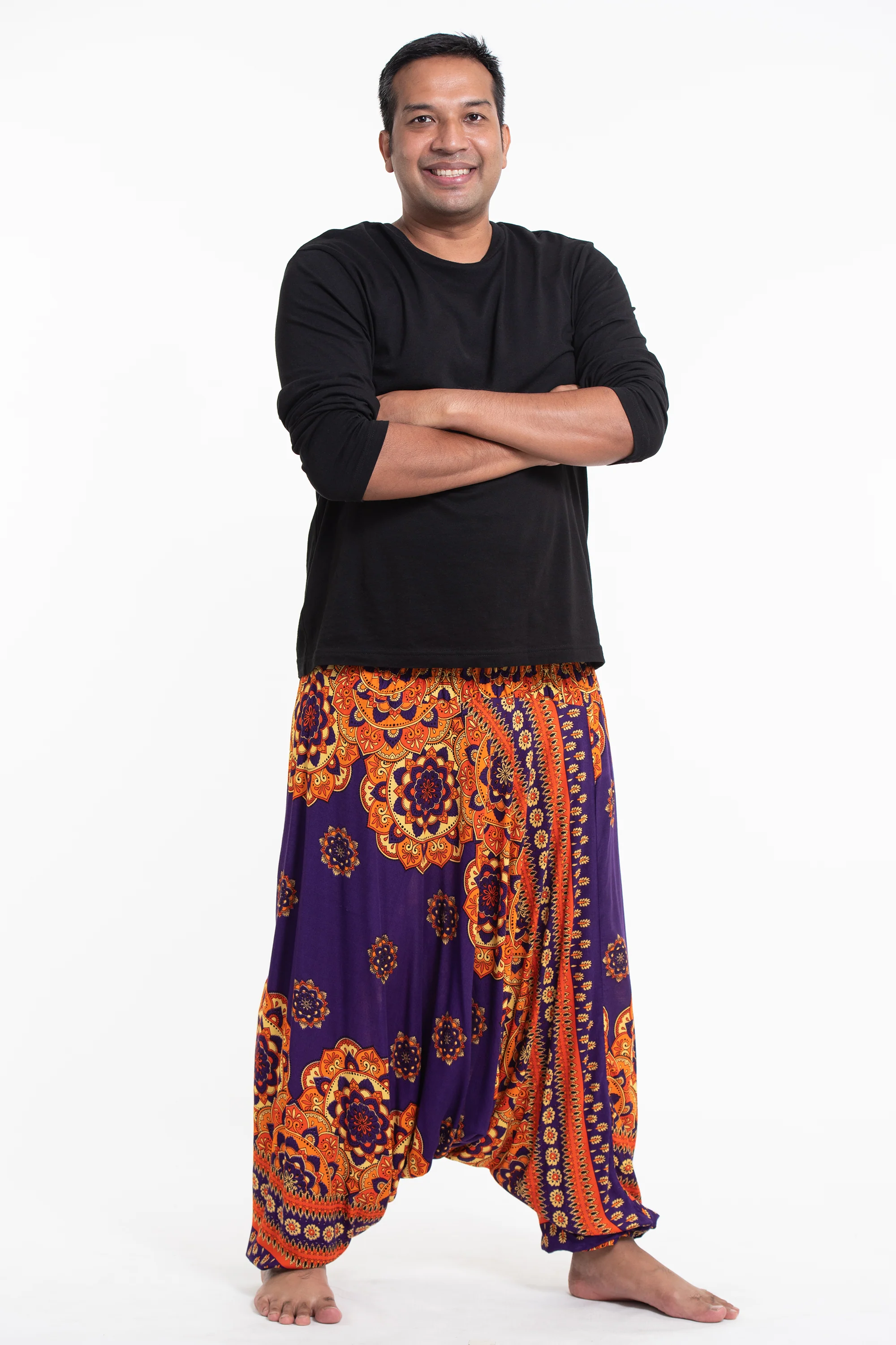 Plus Size Lotus Mandalas Drop Crotch Men's Harem Pants in Purple