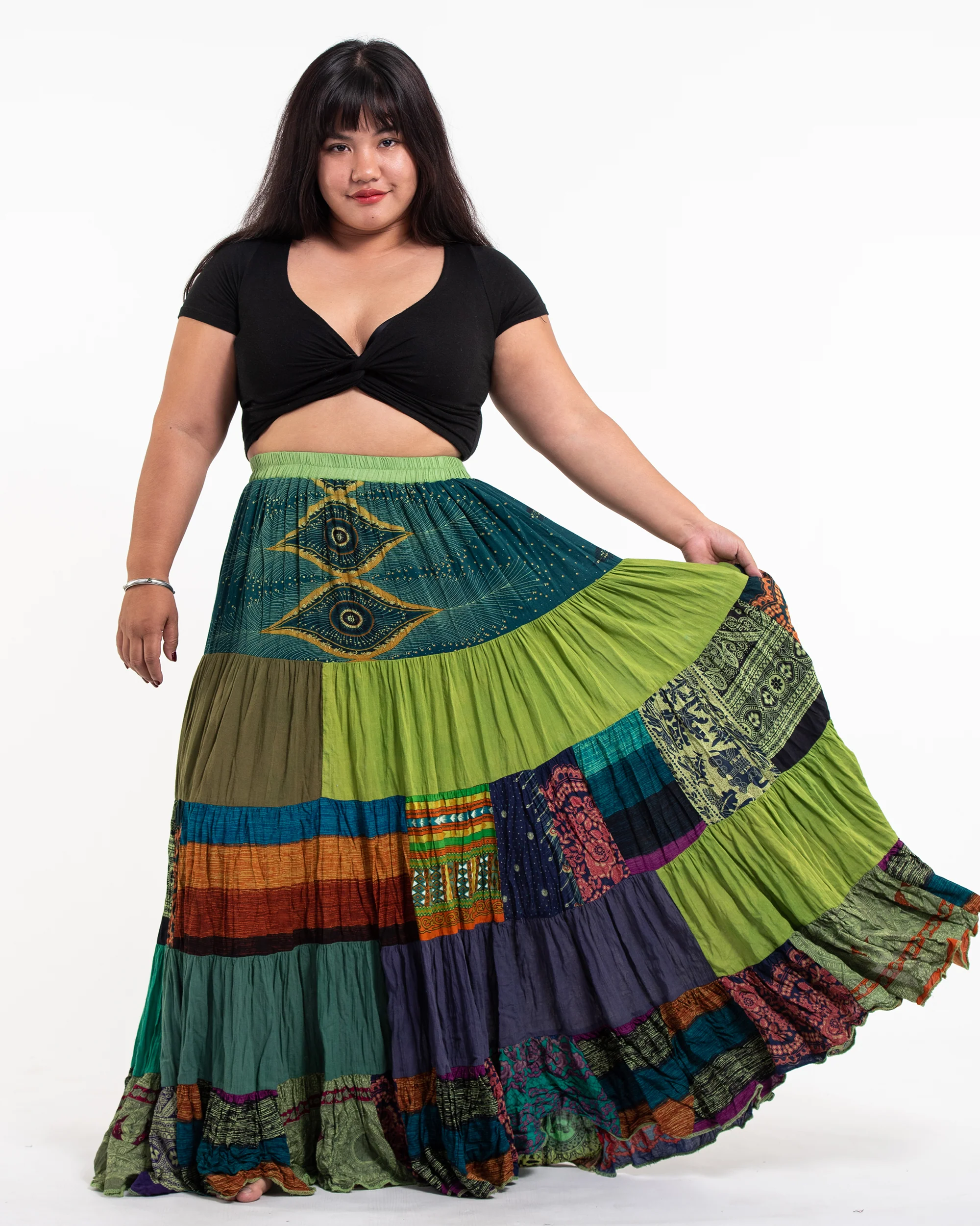 Plus Size Patchwork Long Skirt in Green Multi