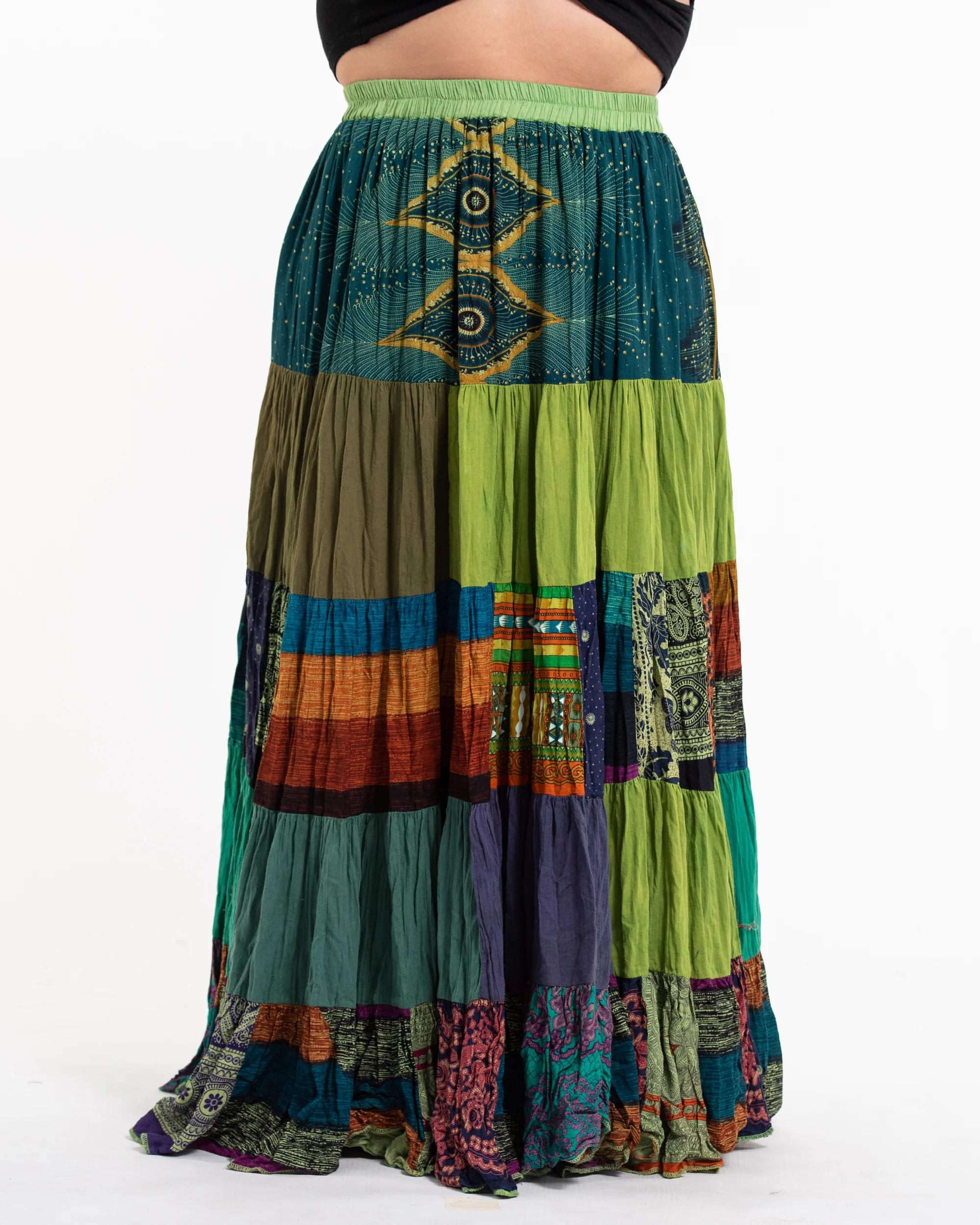 Plus Size Patchwork Long Skirt in Green Multi