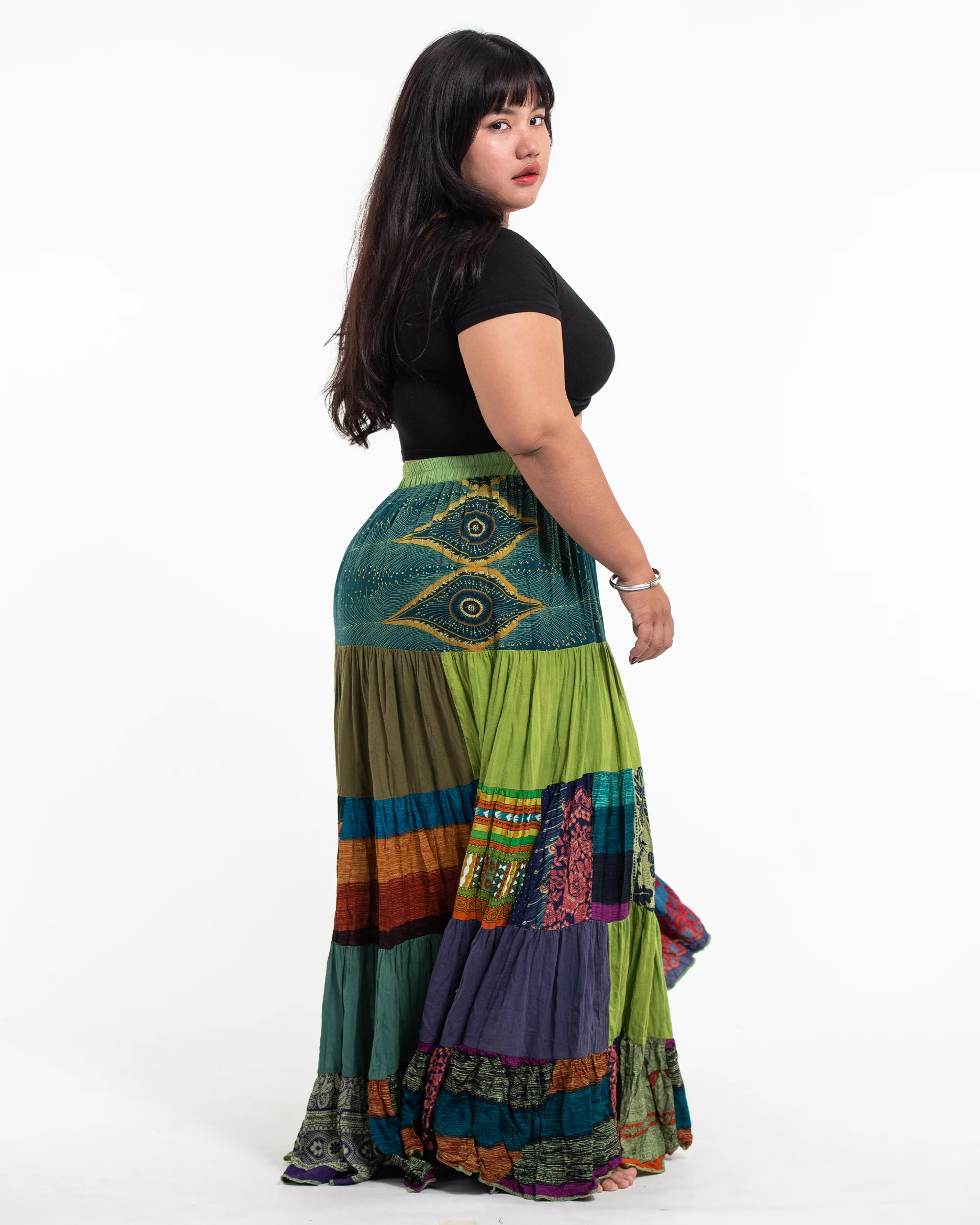 2973-Plus-Size-Patchwork-Long-Skirt-in-Green-Multi-3.webp Plus Size Patchwork Long Skirt in Green Multi