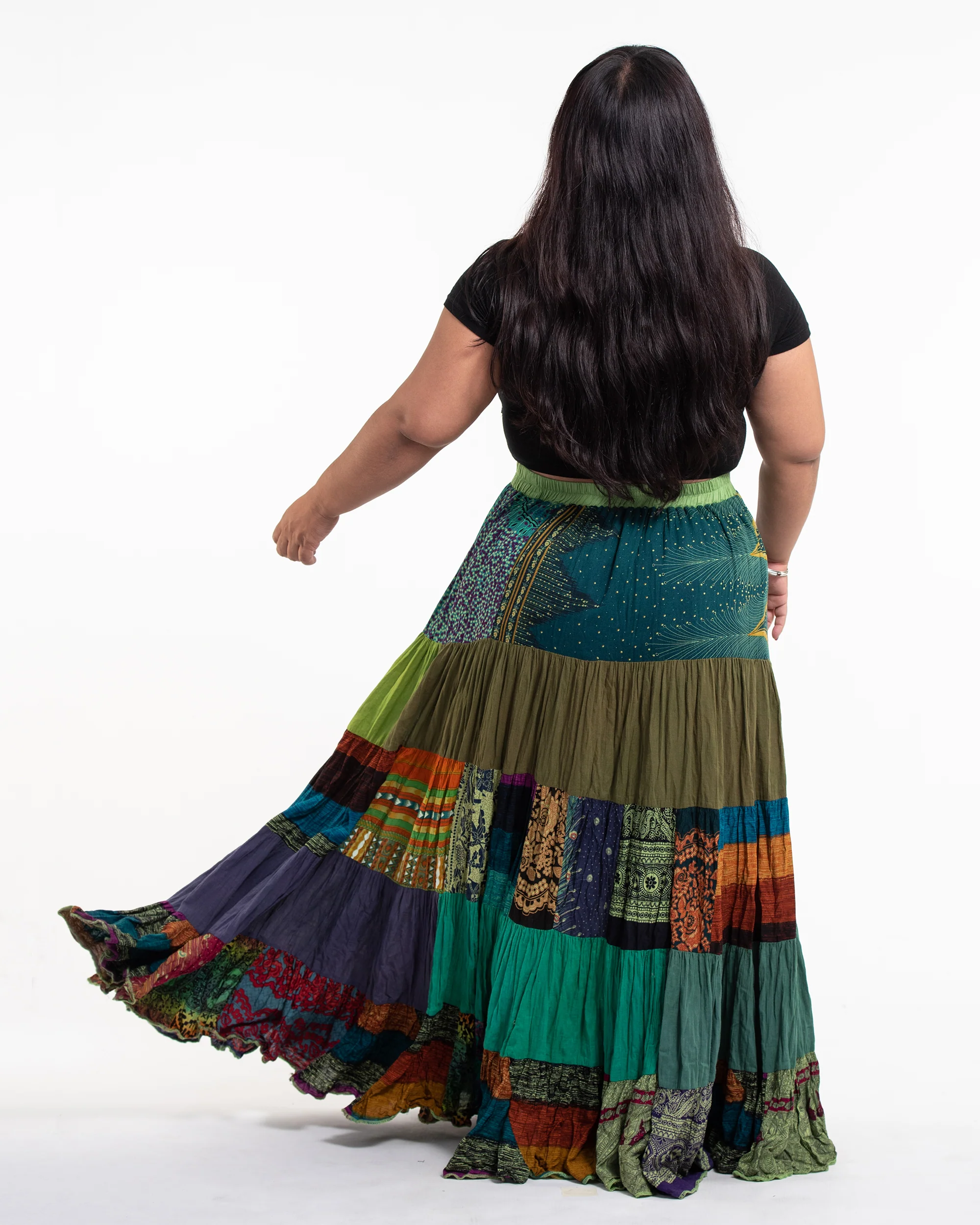 2973-Plus-Size-Patchwork-Long-Skirt-in-Green-Multi-4.webp Plus Size Patchwork Long Skirt in Green Multi