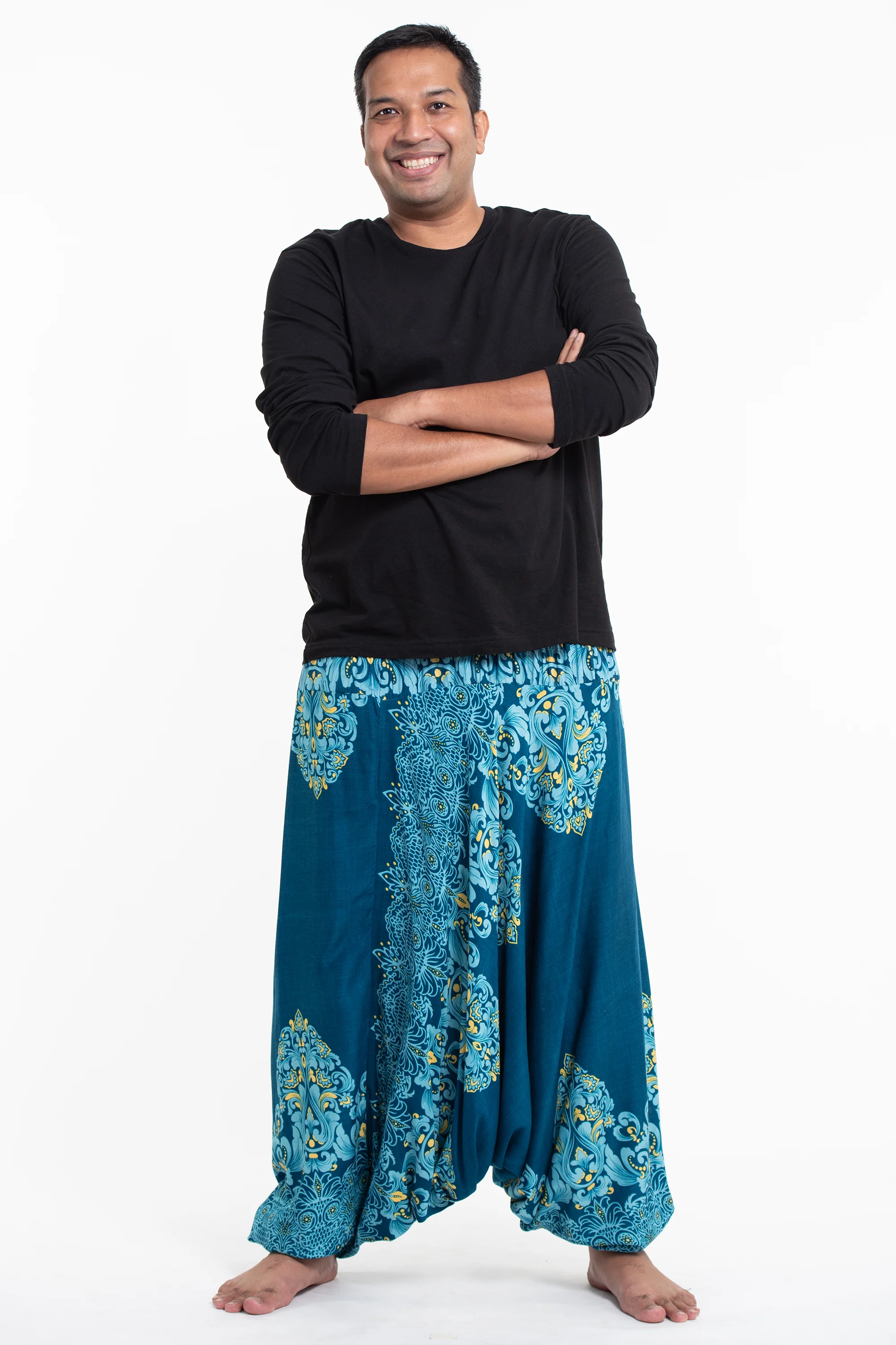 Plus Size Floral Vines Drop Crotch Men's Harem Pants in Turquoise