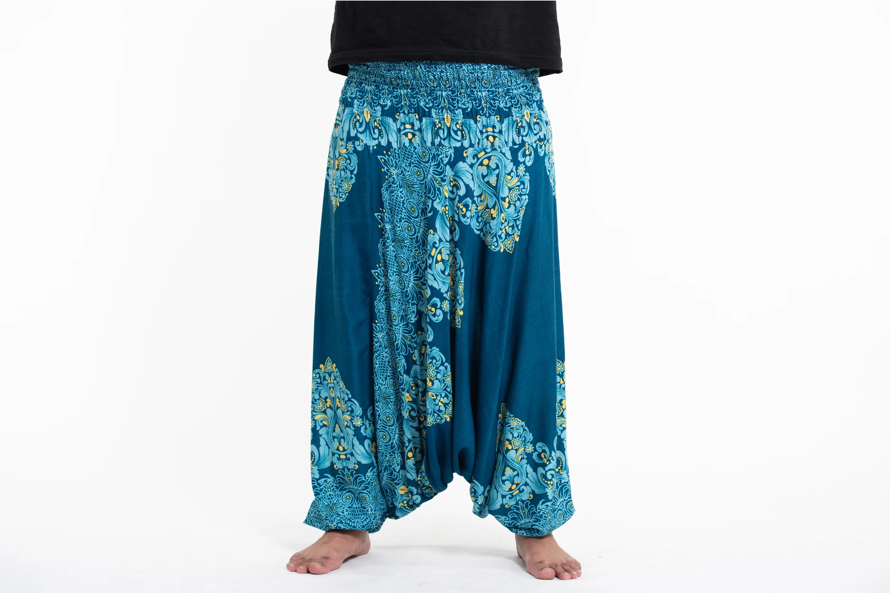 Plus Size Floral Vines Drop Crotch Men's Harem Pants in Turquoise