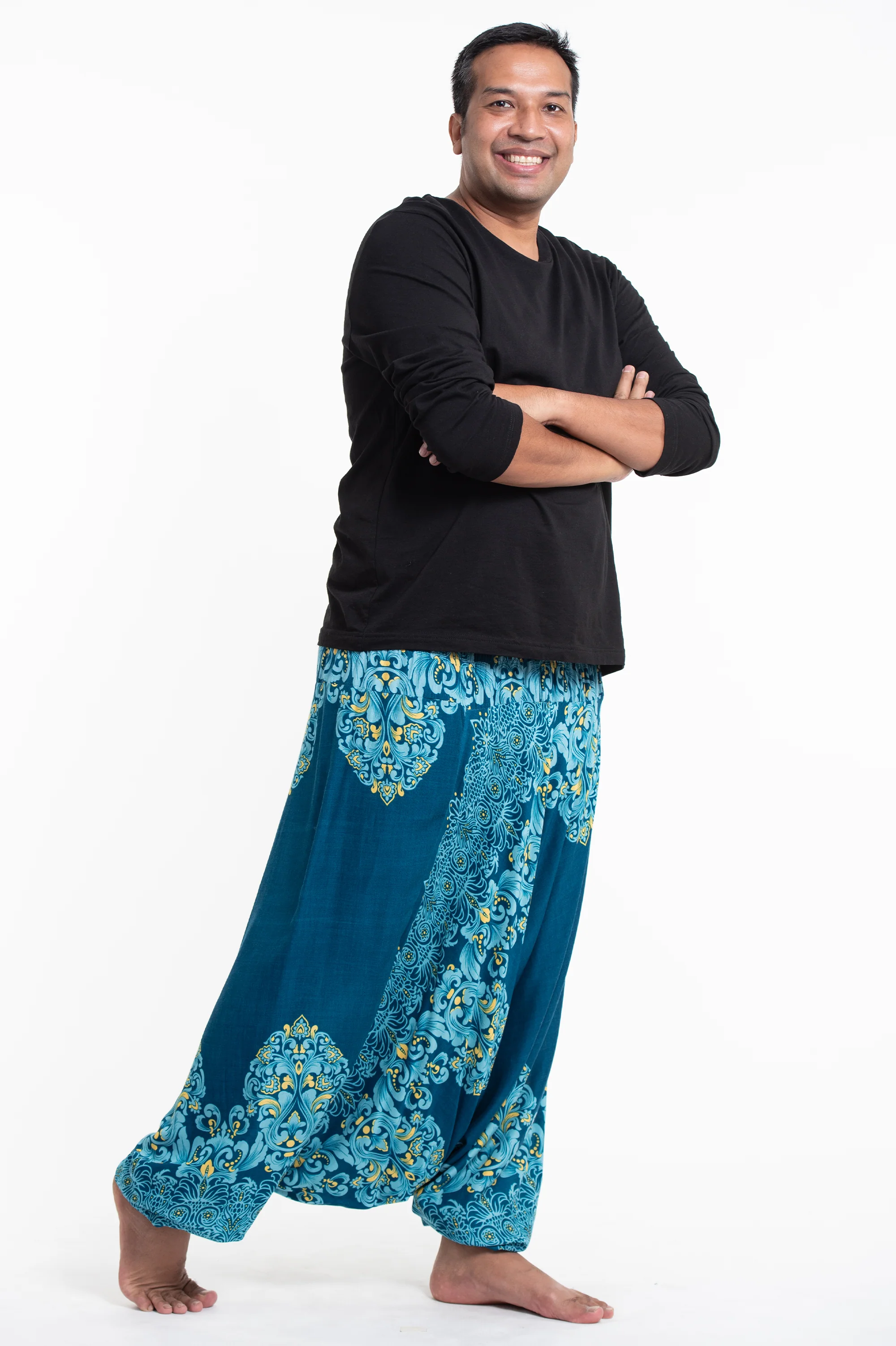 2975-Plus-Size-Floral-Vines-Drop-Crotch-Men-s-Harem-Pants-in-Turquoise-3.webp Plus Size Floral Vines Drop Crotch Men's Harem Pants in Turquoise