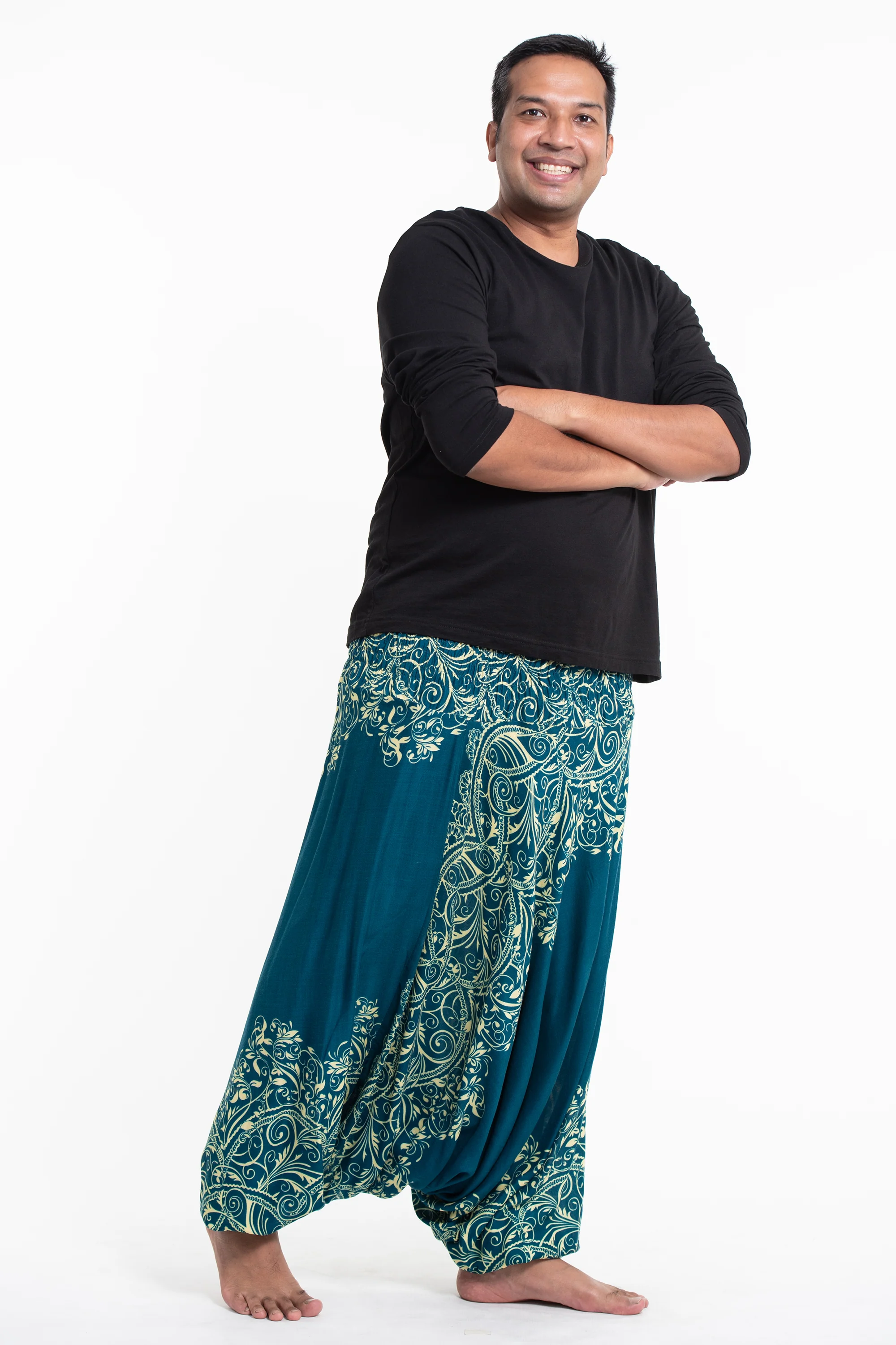 Plus Size Vines Drop Crotch Men's Harem Pants in Turquoise