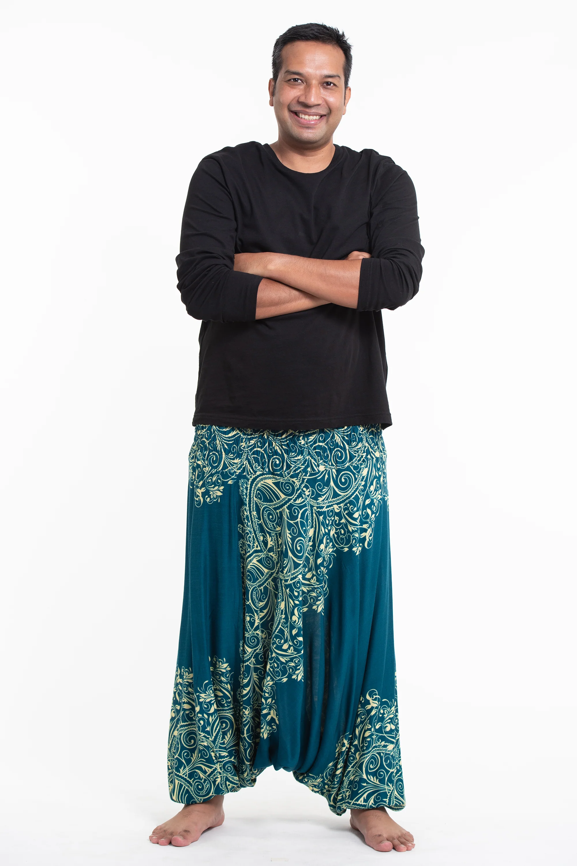 2978-Plus-Size-Vines-Drop-Crotch-Men-s-Harem-Pants-in-Turquoise-3.webp Plus Size Vines Drop Crotch Men's Harem Pants in Turquoise
