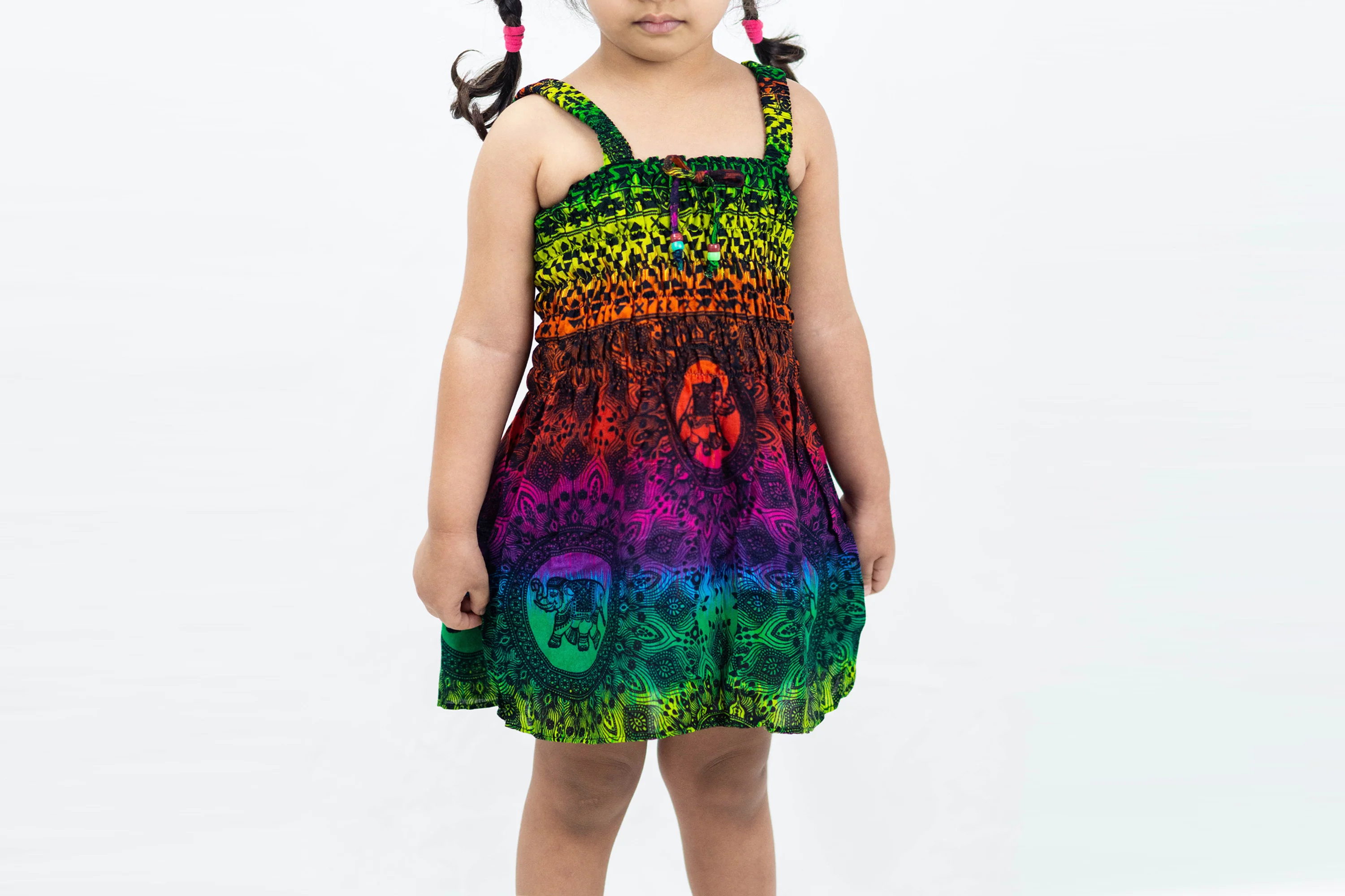 Kids Rainbow Elephant Smock Dress in Green
