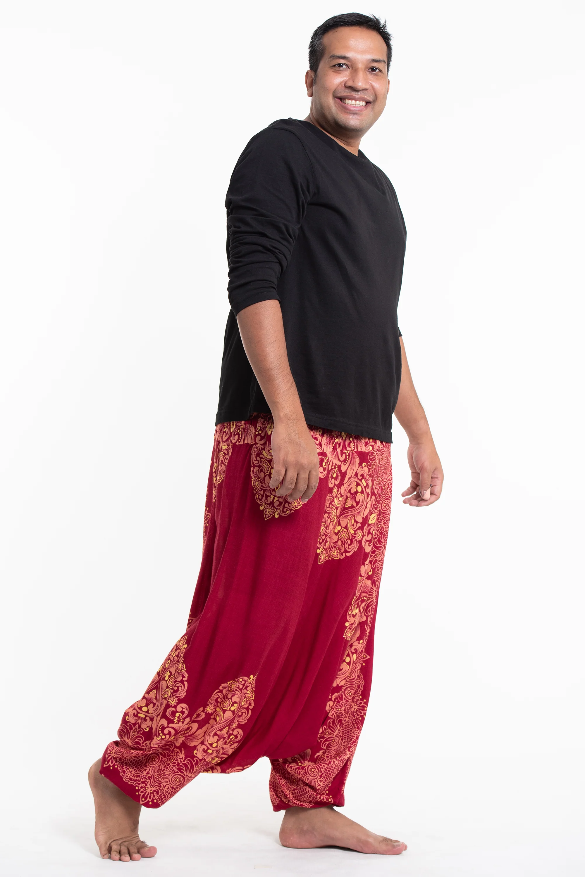 Plus Size Floral Vines Drop Crotch Men's Harem Pants in Red