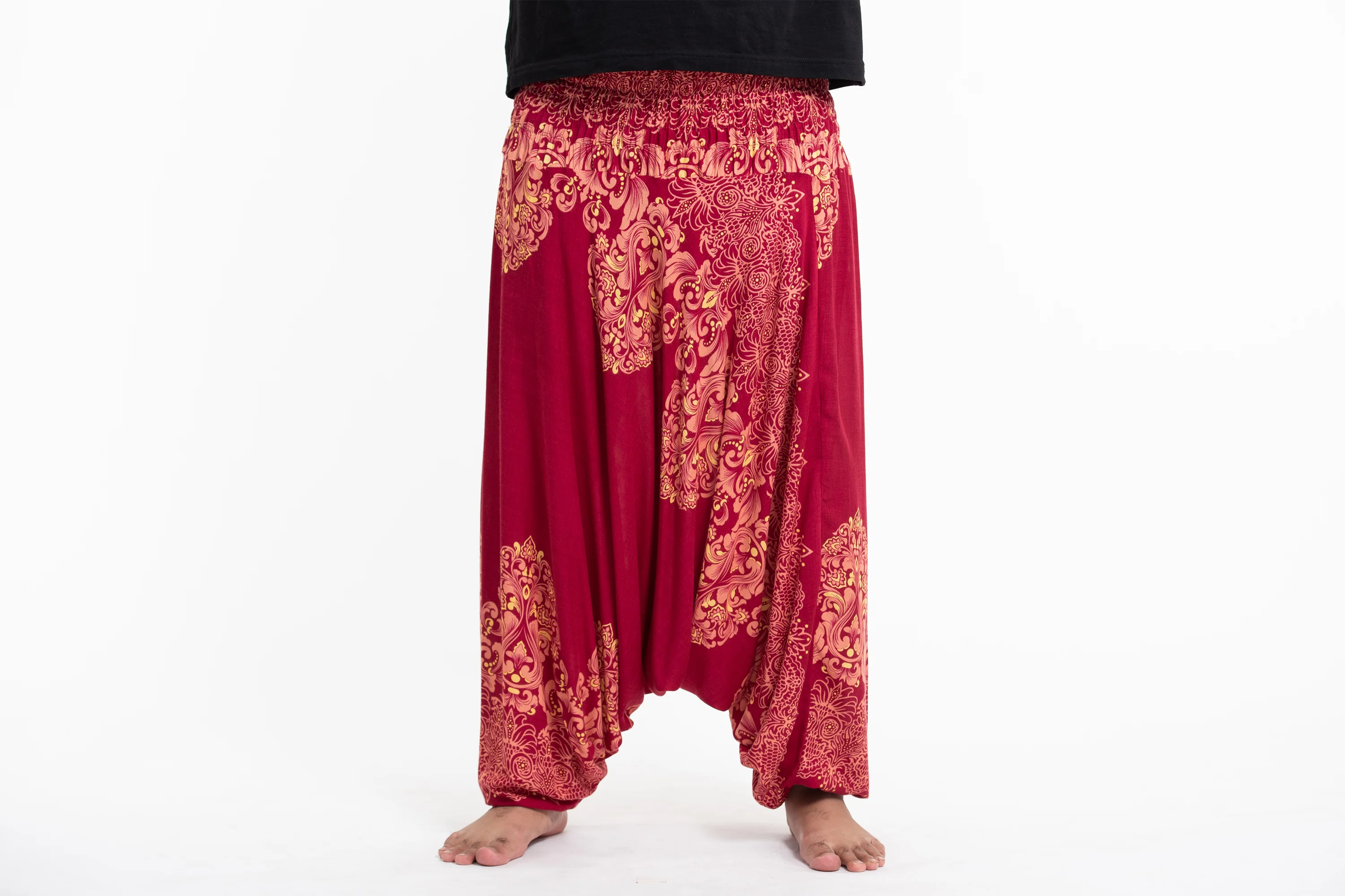 Plus Size Floral Vines Drop Crotch Men's Harem Pants in Red