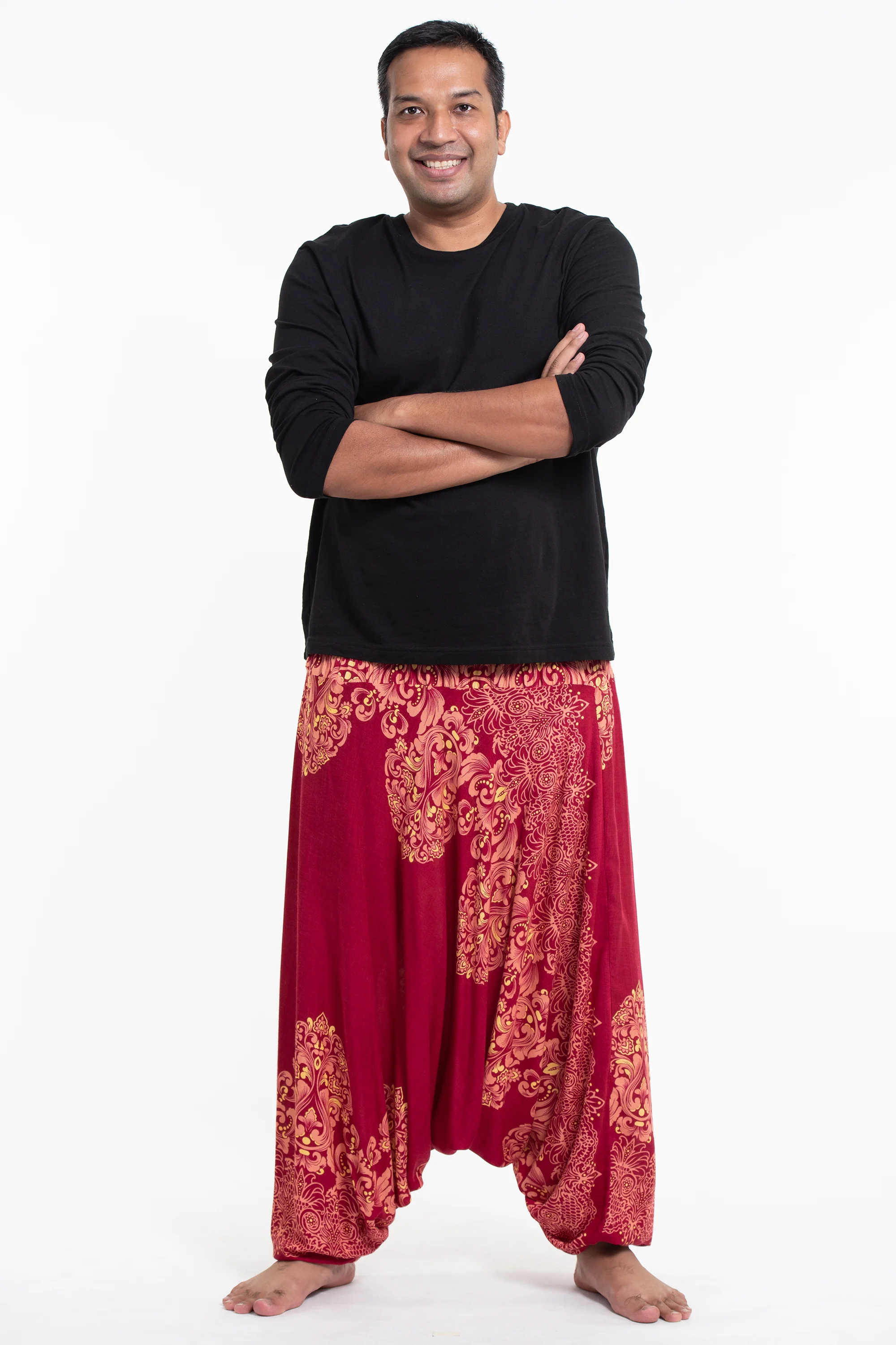 2980-Plus-Size-Floral-Vines-Drop-Crotch-Men-s-Harem-Pants-in-Red-3.webp Plus Size Floral Vines Drop Crotch Men's Harem Pants in Red