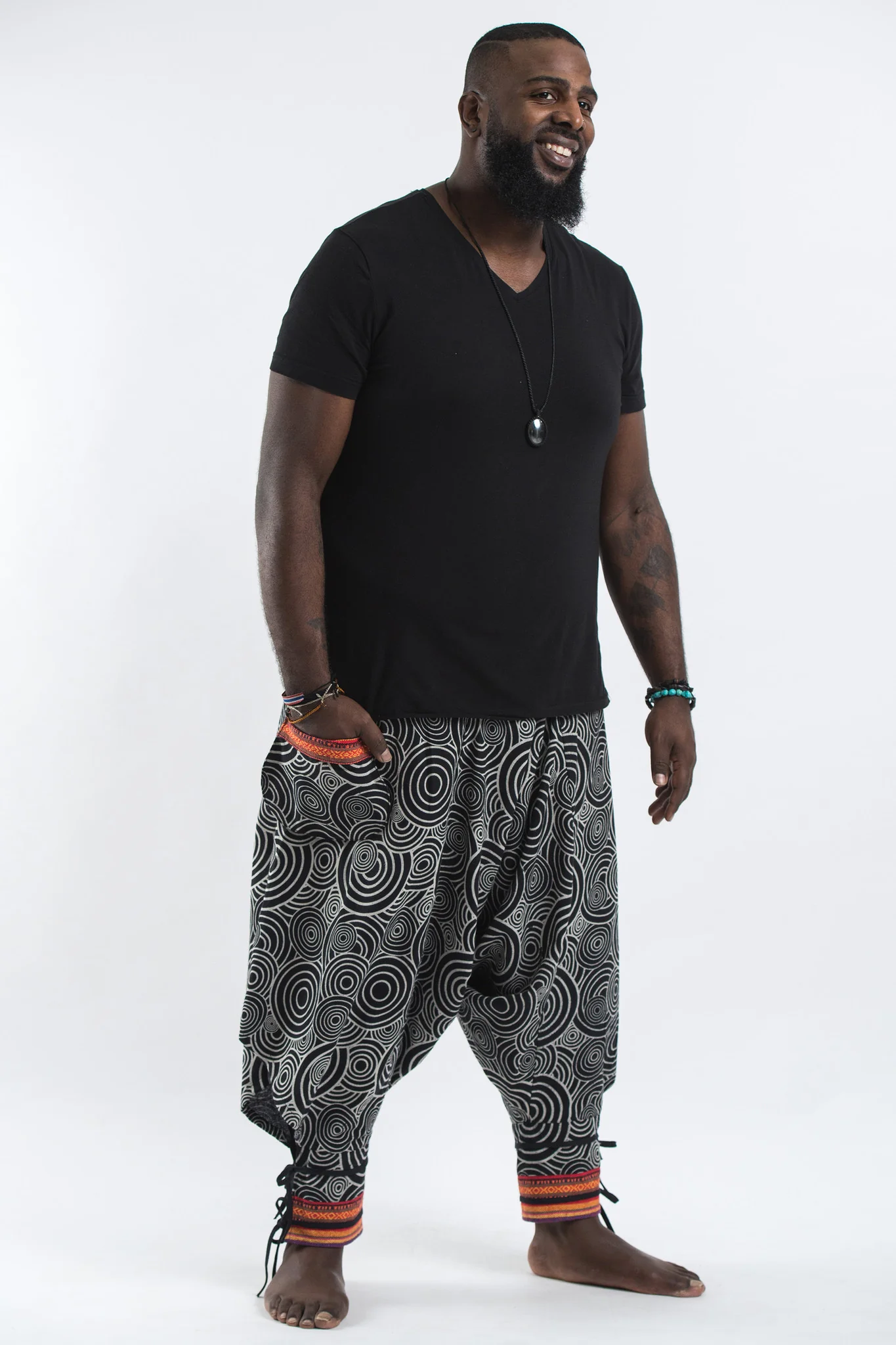 2984-Plus-Size-Swirls-Prints-Thai-Hill-Tribe-Fabric-Men-Harem-Pants-with-Ankle-Straps-in-Black-3.webp Plus Size Swirls Prints Thai Hill Tribe Fabric Men Harem Pants with Ankle Straps in Black