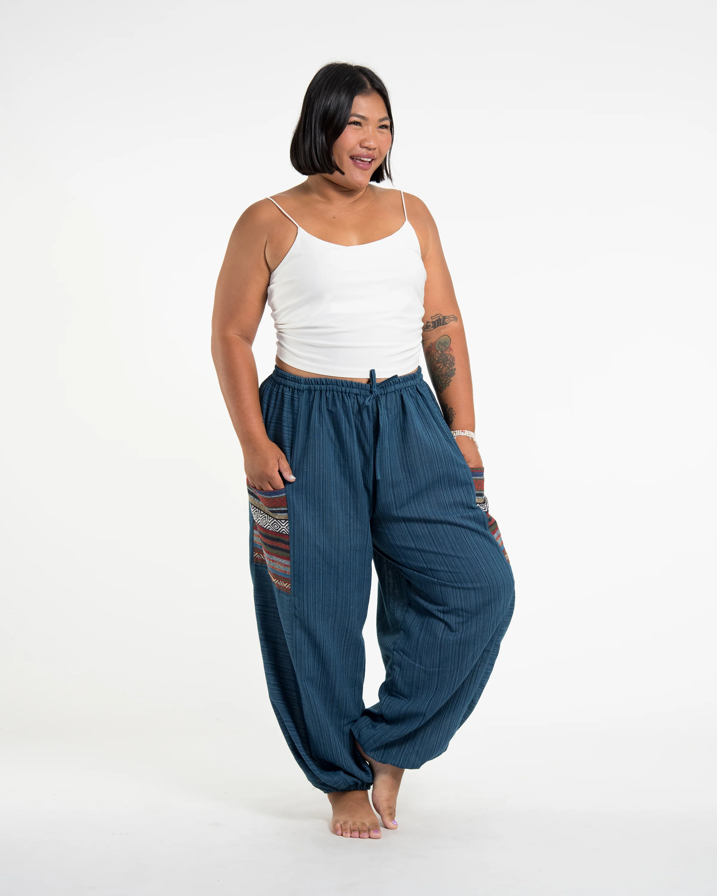 Plus Size Women's Drawstring Pinstripes Cotton Pants with Aztec Pocket in Turquoise