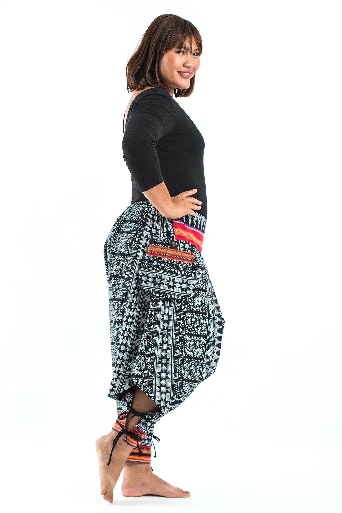 3002-Plus-Size-Traditional-Prints-Thai-Hill-Tribe-Fabric-Women-s-Harem-Pants-with-Ankle-Straps-3.webp Plus Size Traditional Prints Thai Hill Tribe Fabric Women's Harem Pants with Ankle Straps