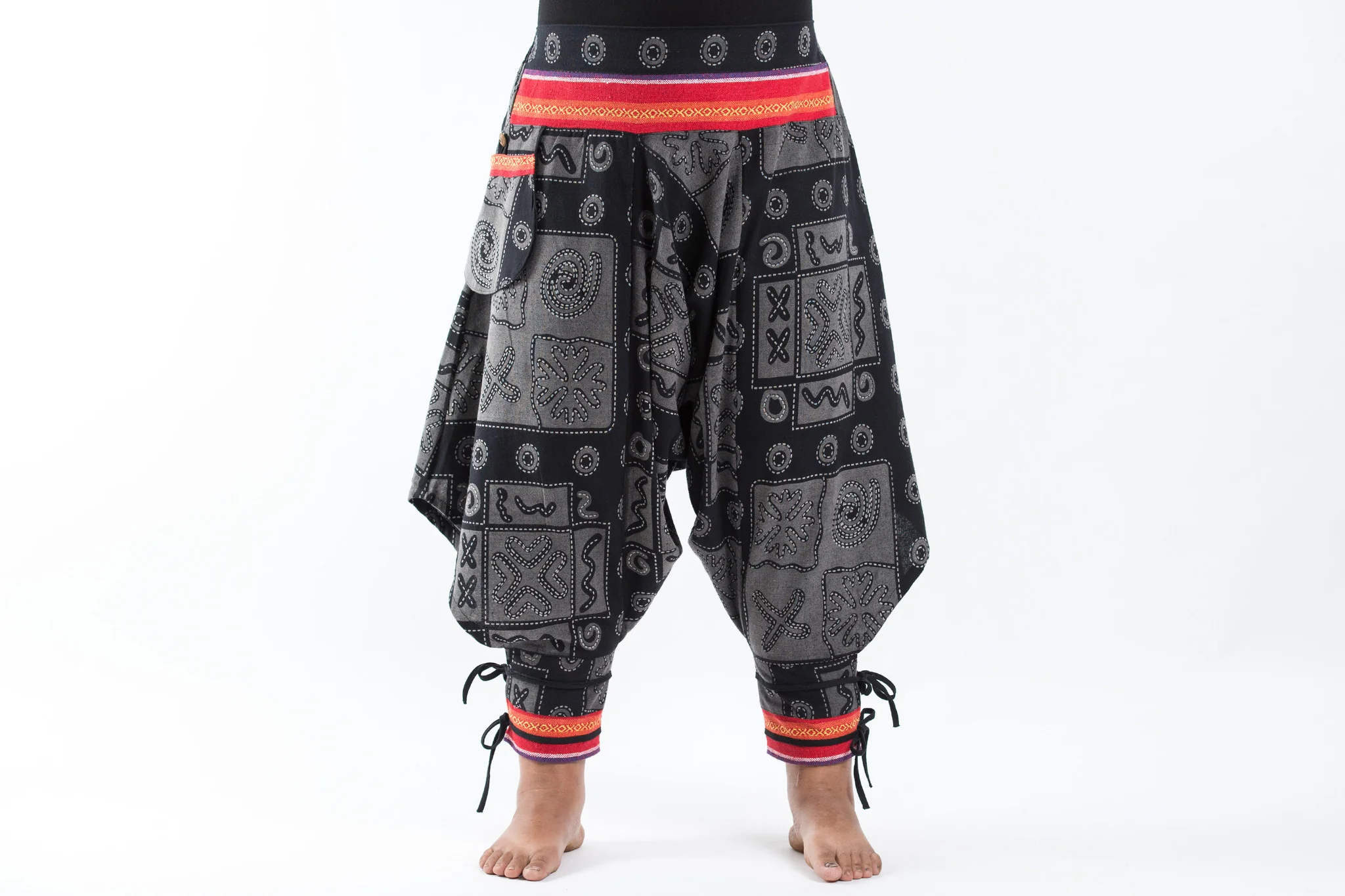 Plus Size Black and Gray Thai Hill Tribe Fabric Women Harem Pants with Ankle Straps